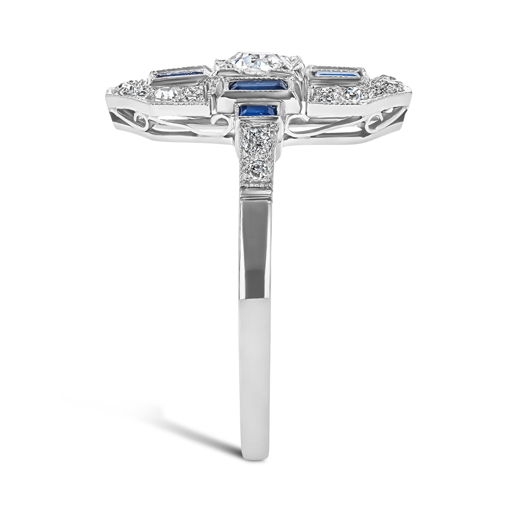 Art Deco Old European Cut Diamond and Sapphire Plaque Ring Old European Cut, Pave Set_4
