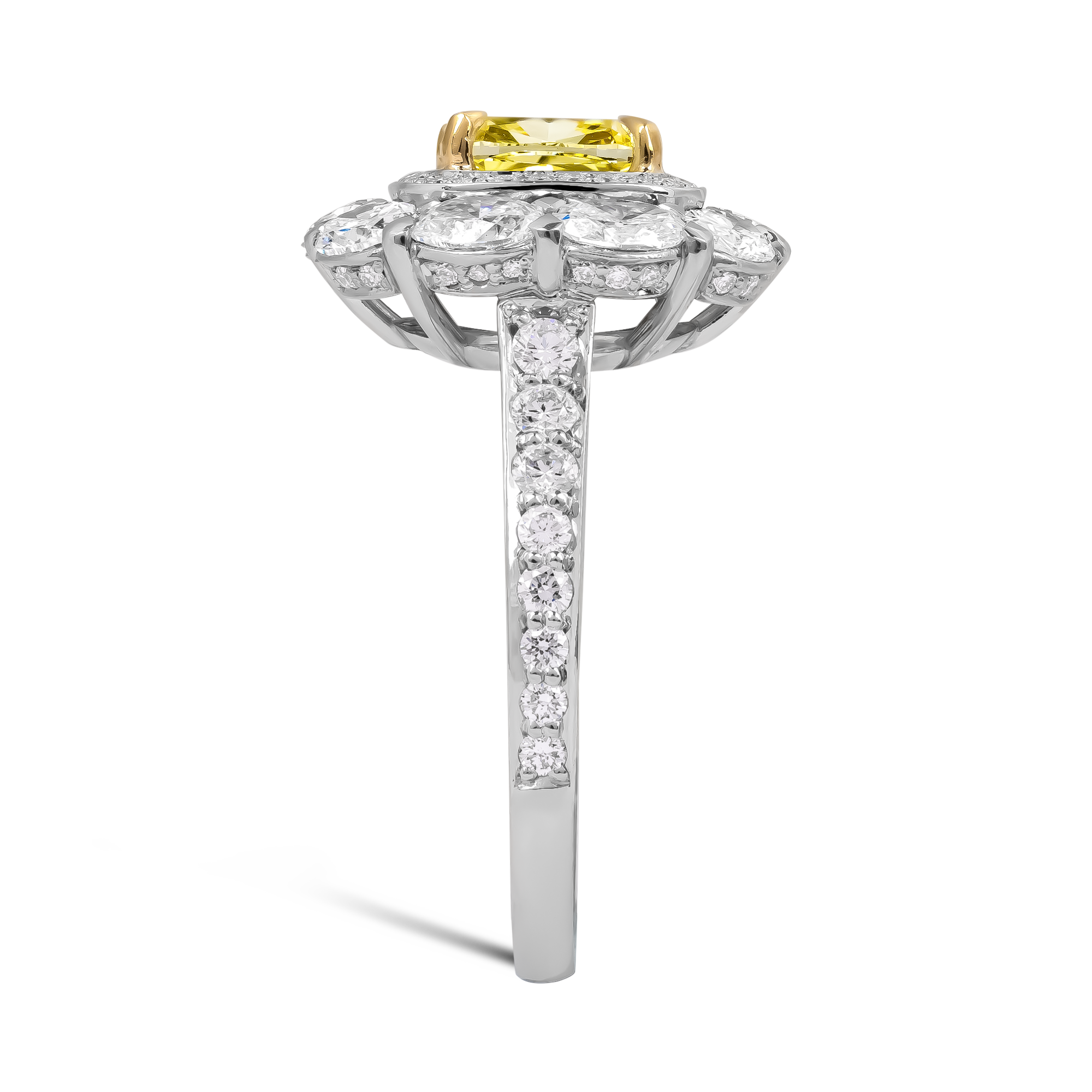 Cushion Cut 1.27ct Fancy Intense Yellow Diamond Cluster Ring Modern Cushion Cut, Claw Set_4