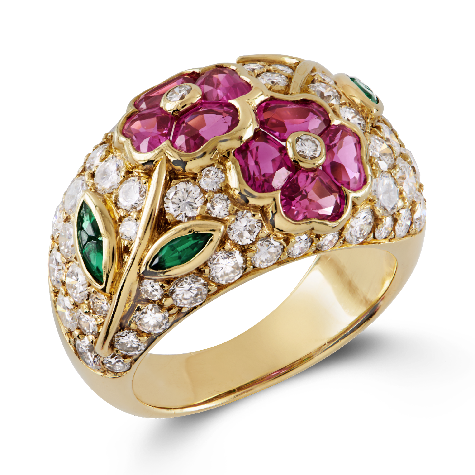 Contemporary Van Cleef & Arpels Floral Ring Cocktail Ring, with Diamond, Pink Sapphire & Emerald_1
