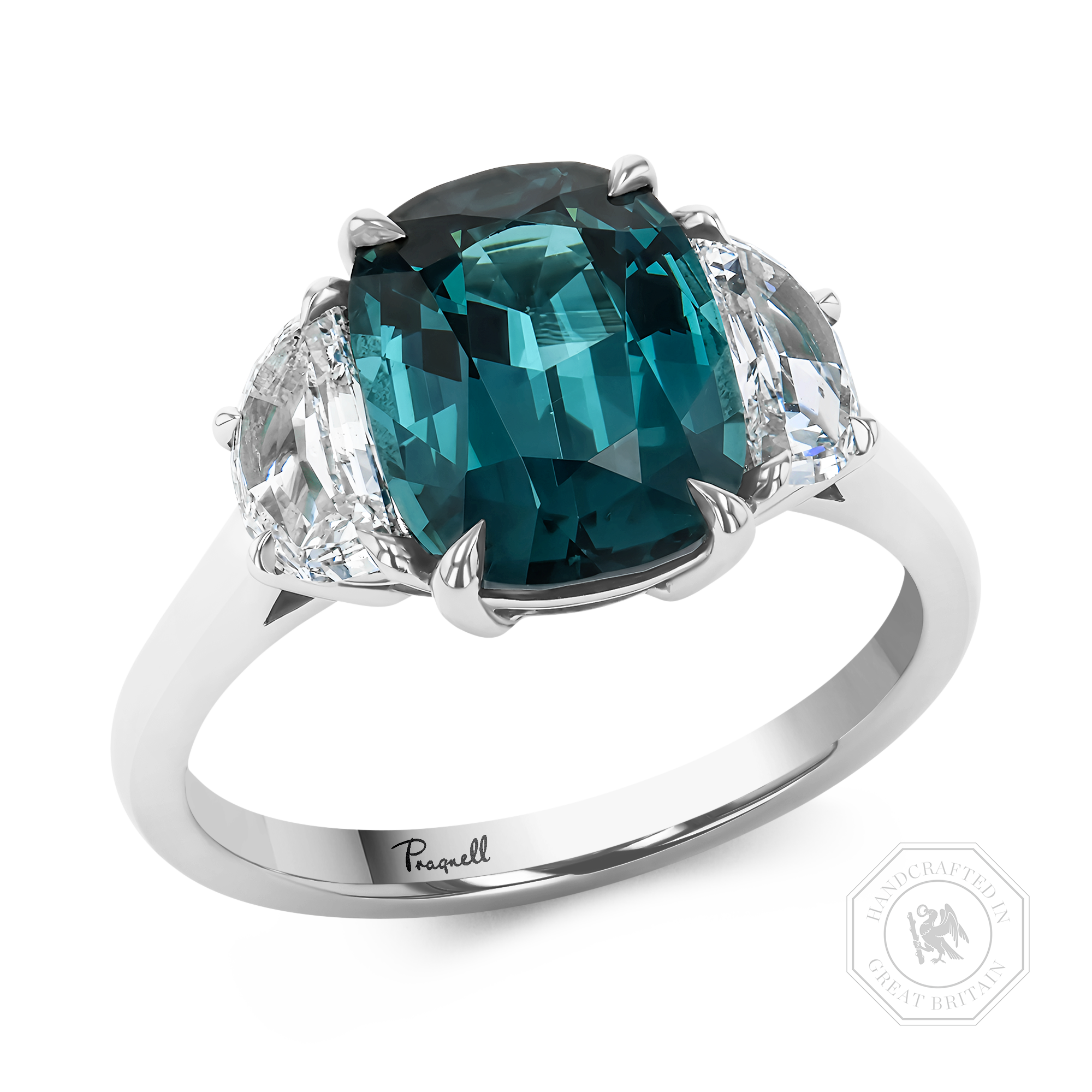 Cushion Cut 3.18ct Lagoon Tourmaline and Diamond Ring Cushion Cut, Claw Set_1