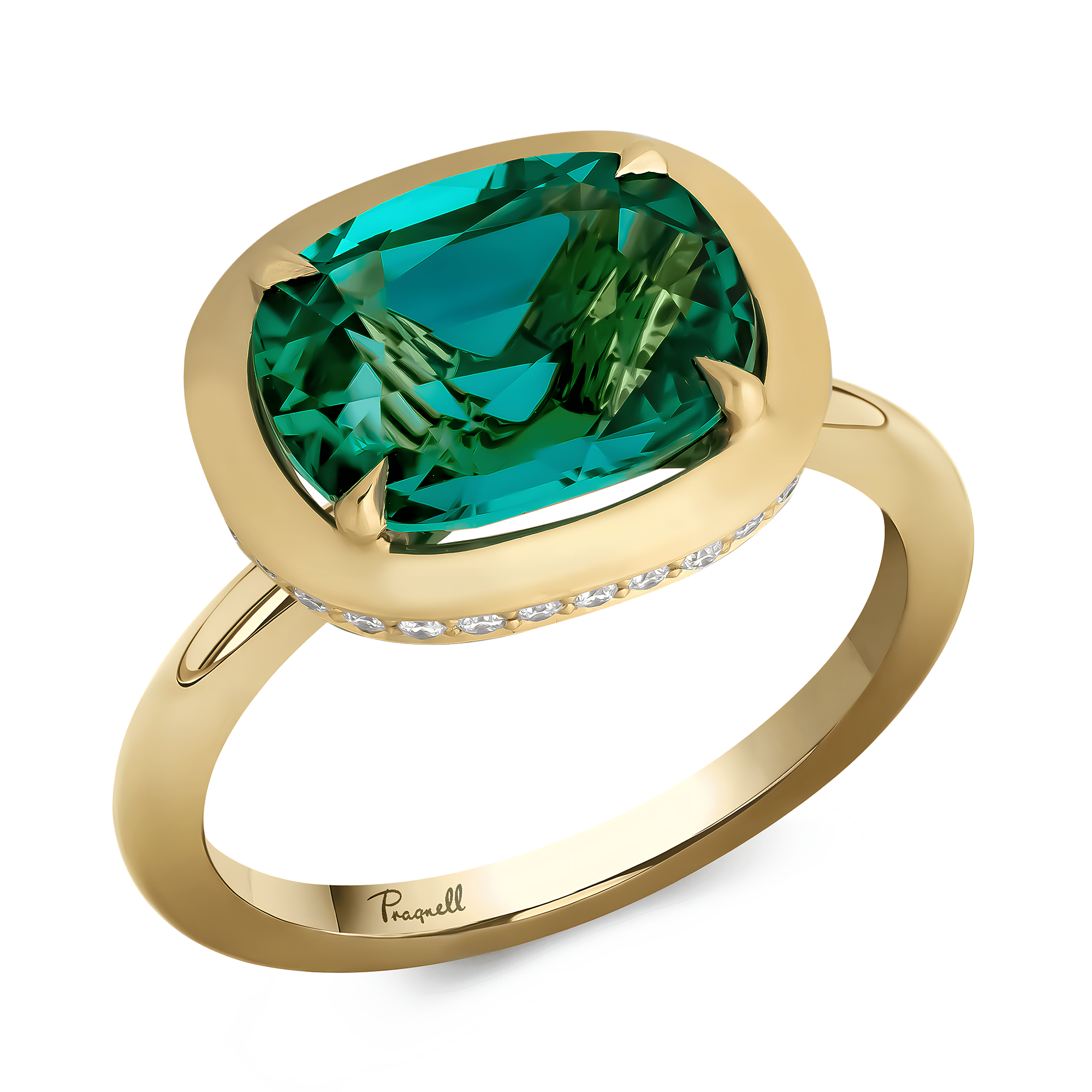 Skimming Stone 3.62ct Lagoon Toumaline and Diamond Ring Modern Cushion Cut, Claw Set_1