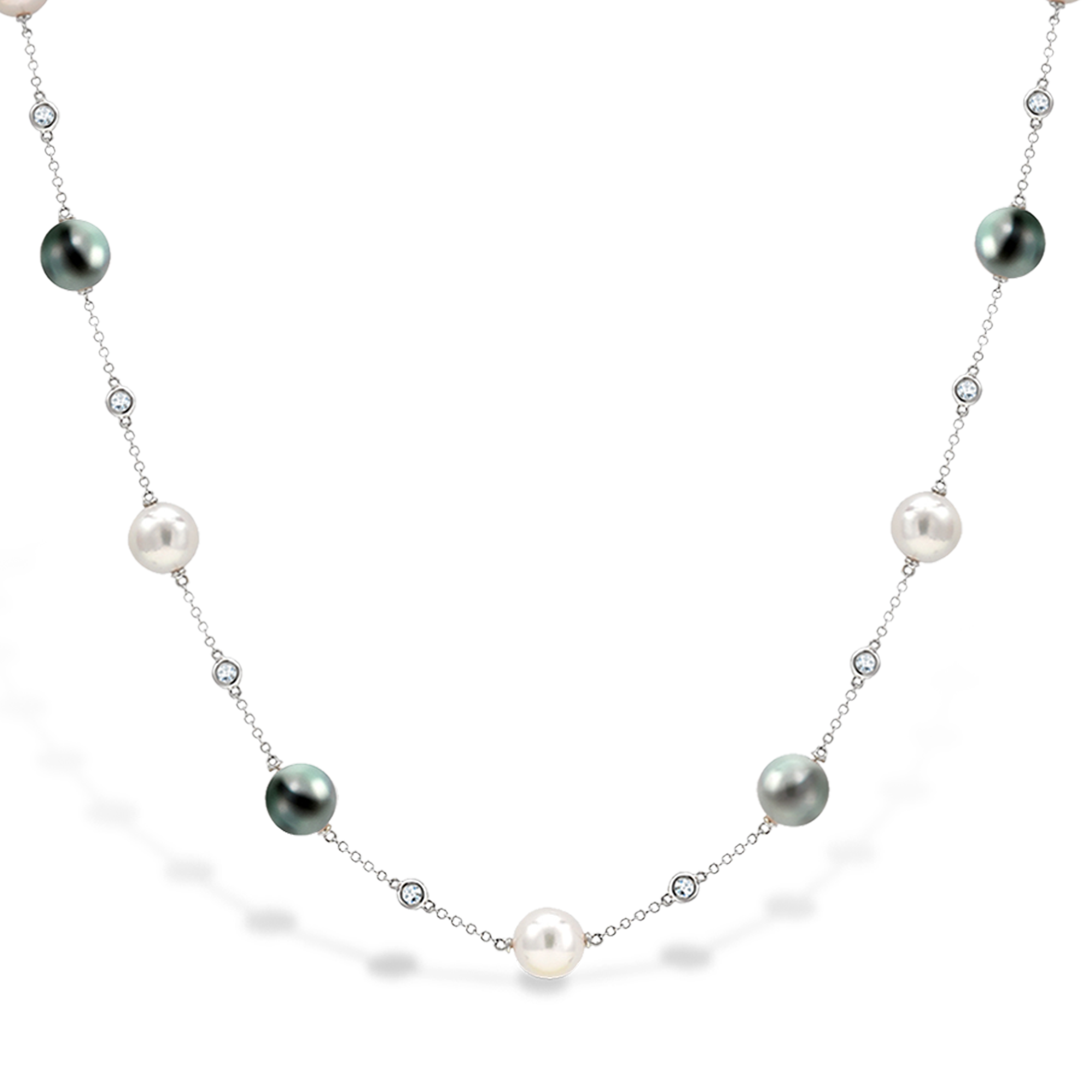 Akoya and Tahitian Pearl Necklace White Gold Chain with Spectacle Set Diamonds_2