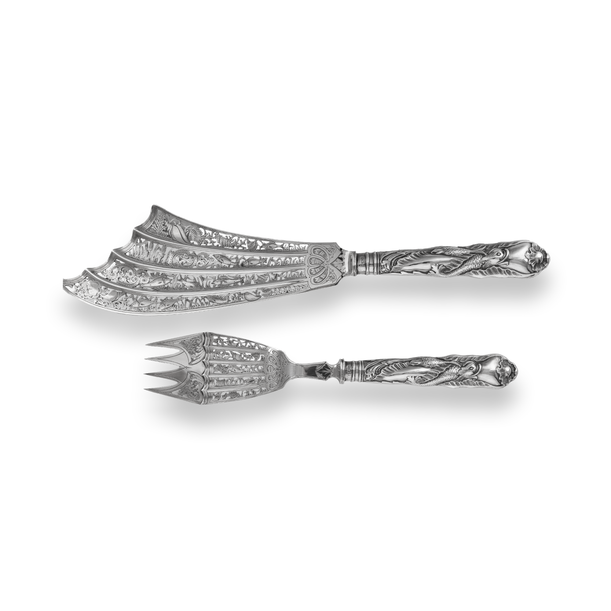 Silver George V Ornate Carved Silver Handled Fish Servers Hallmarked Sheffield_3