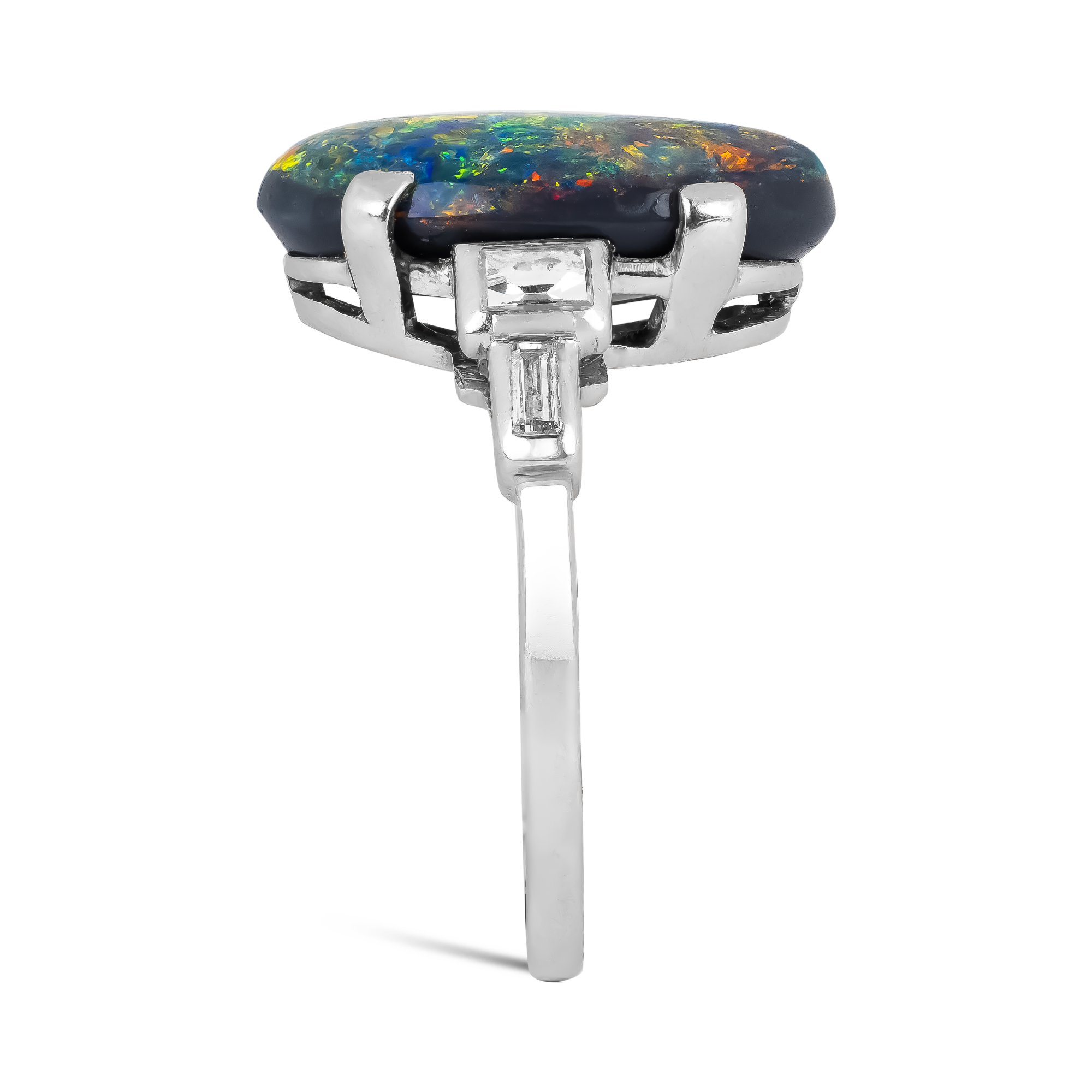 Cabochon Cut Black Opal and Diamond Ring Cabochon Cut, Claw Set_4