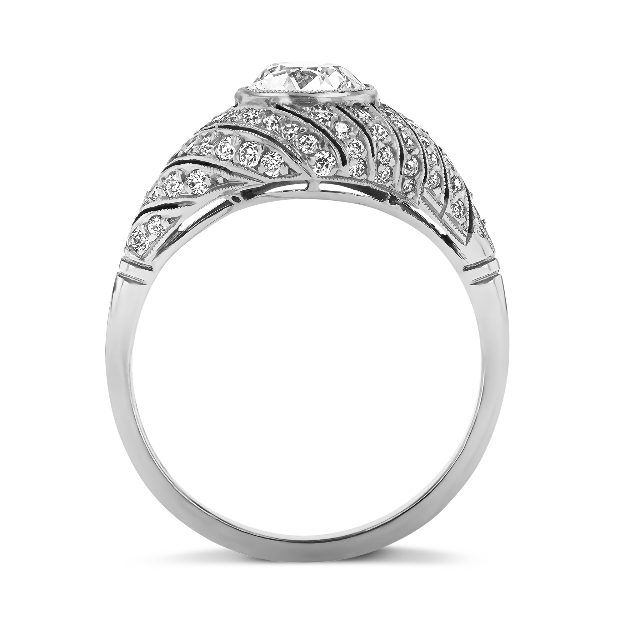 Art Deco Inspired Old European Cut Diamond Ring Old & Brilliant Cut, Millegrain Set_3