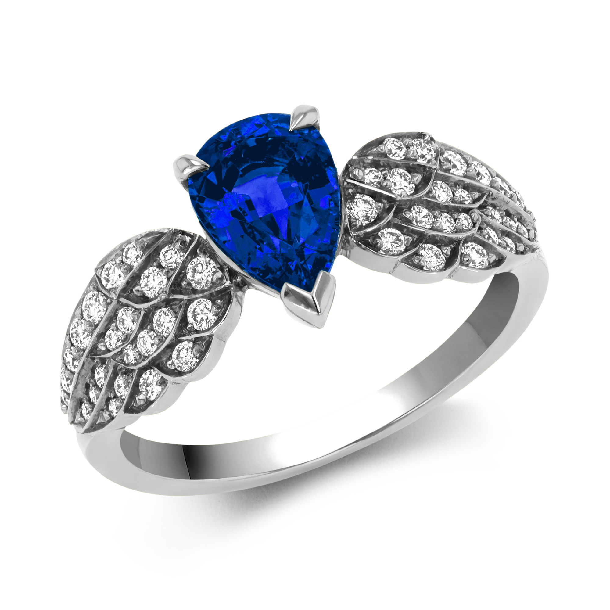 Tiara Pear Cut Sapphire and Brilliant Diamond Ring Pear and Brilliant Cut, Claw and Grain Set_1