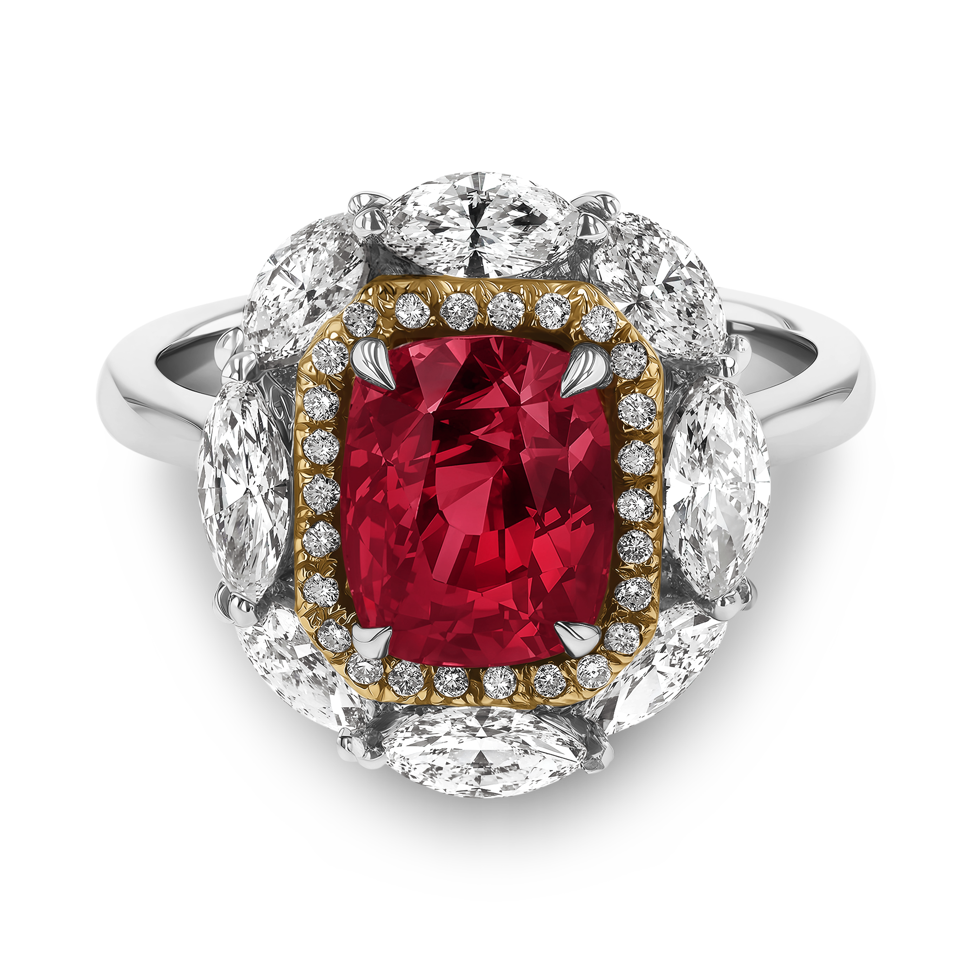 Mozambique Ruby and Diamond Cluster Ring Cushion modern cut, Claw set_2