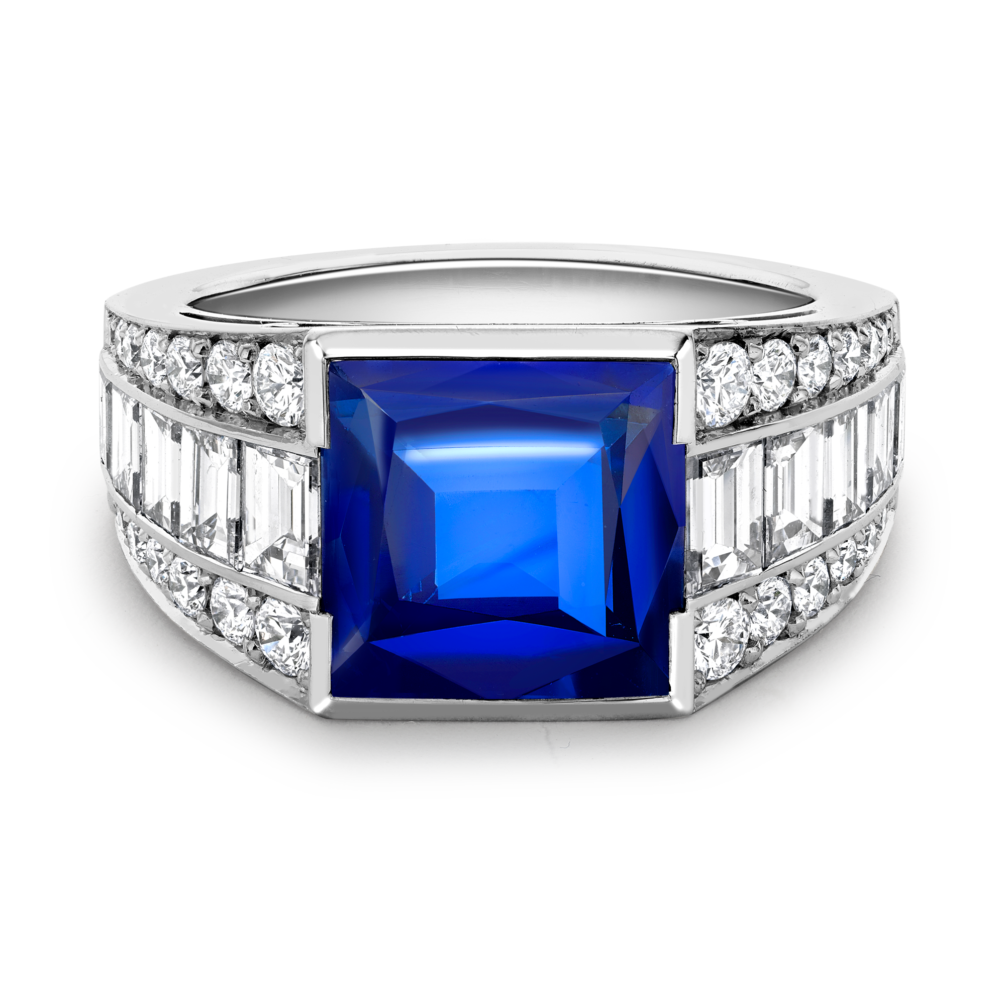 Masterpiece Kashmir Sapphire & Diamond Ring Square Cut, Tapered Baguette Diamond Shoulders, Claw Set_2