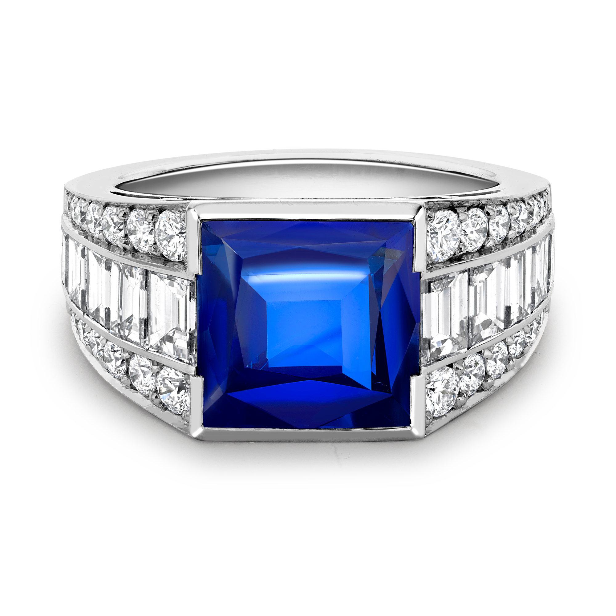 Masterpiece Kashmir Sapphire & Diamond Ring Square Cut, Tapered Baguette Diamond Shoulders, Claw Set_2