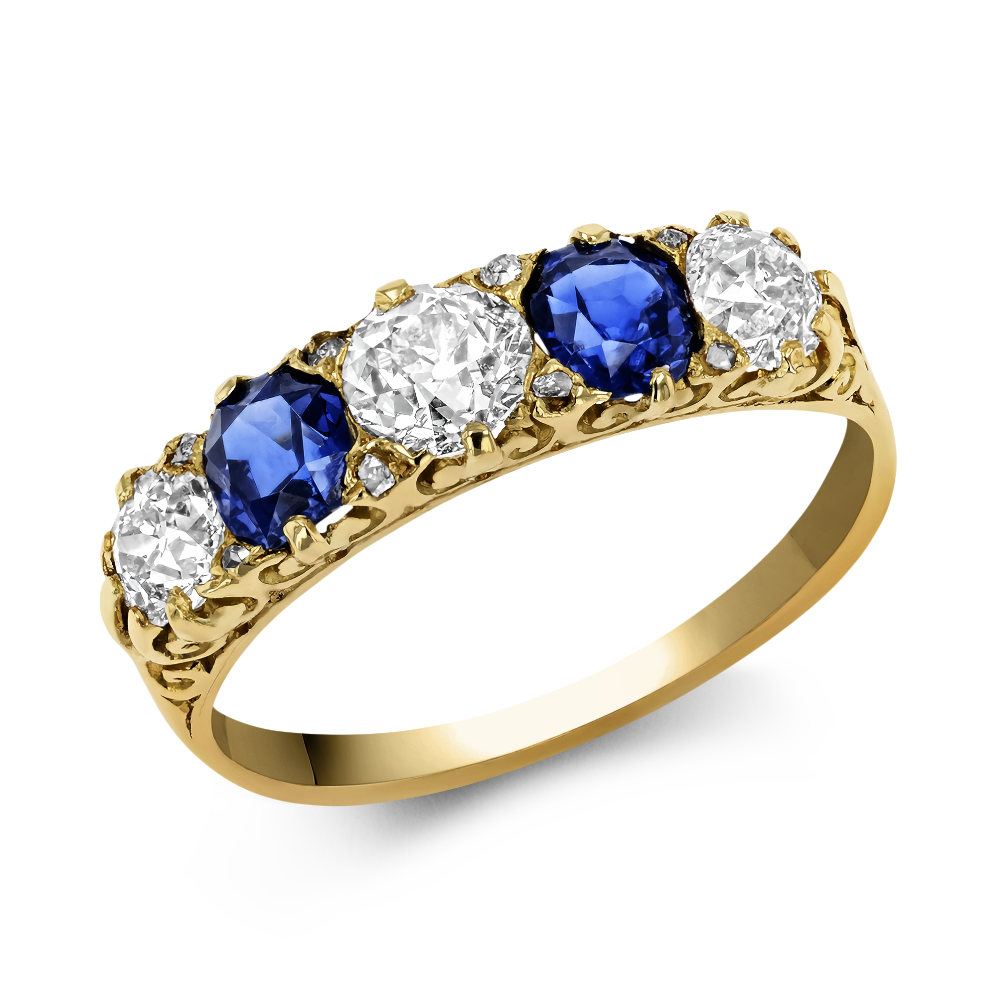 Victorian Inspired Sapphire & Diamond Five Stone Ring Old Cut, Claw Set_1