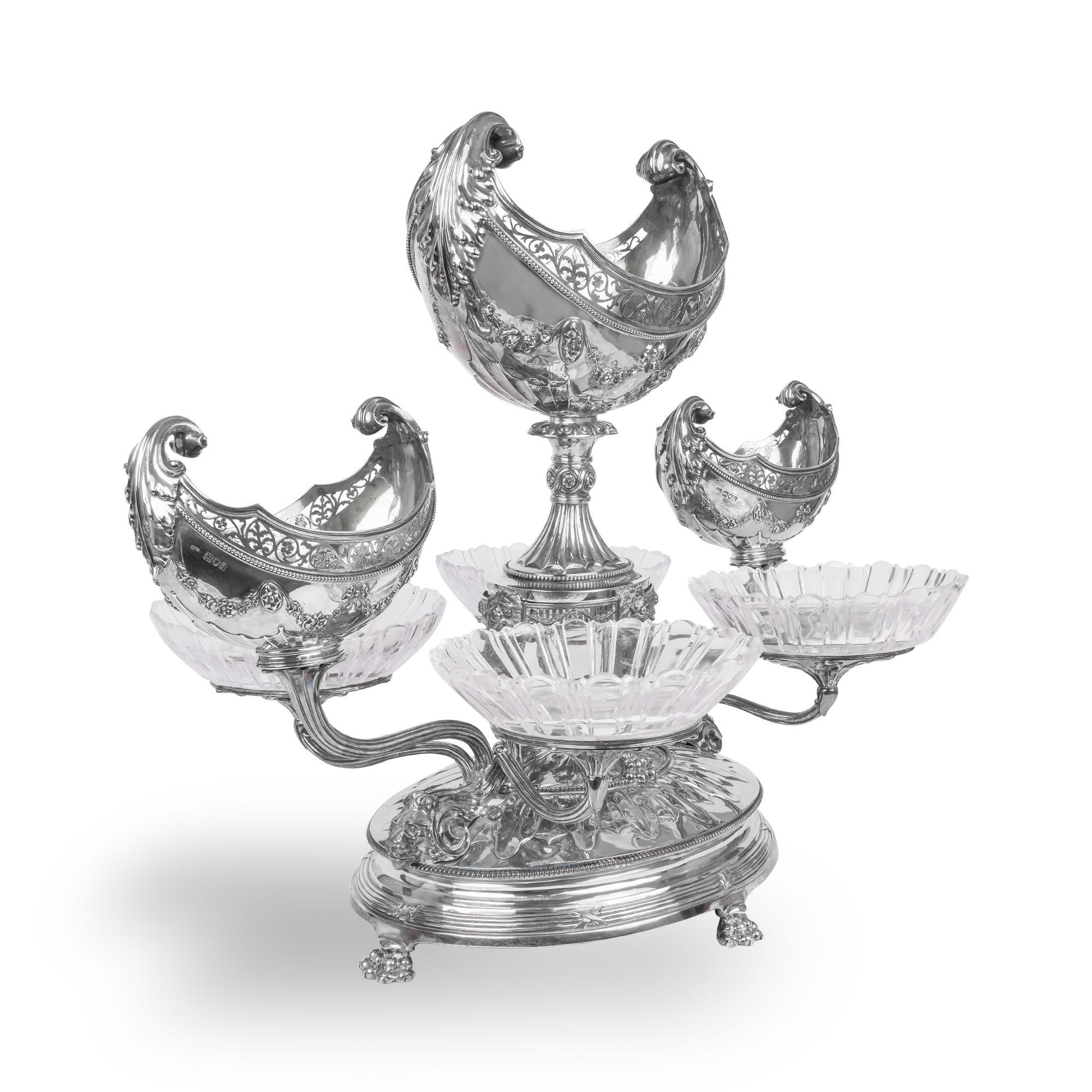 Silver Epergne Centrepiece with Four Cut Glass Bowls Hallmarked London_2