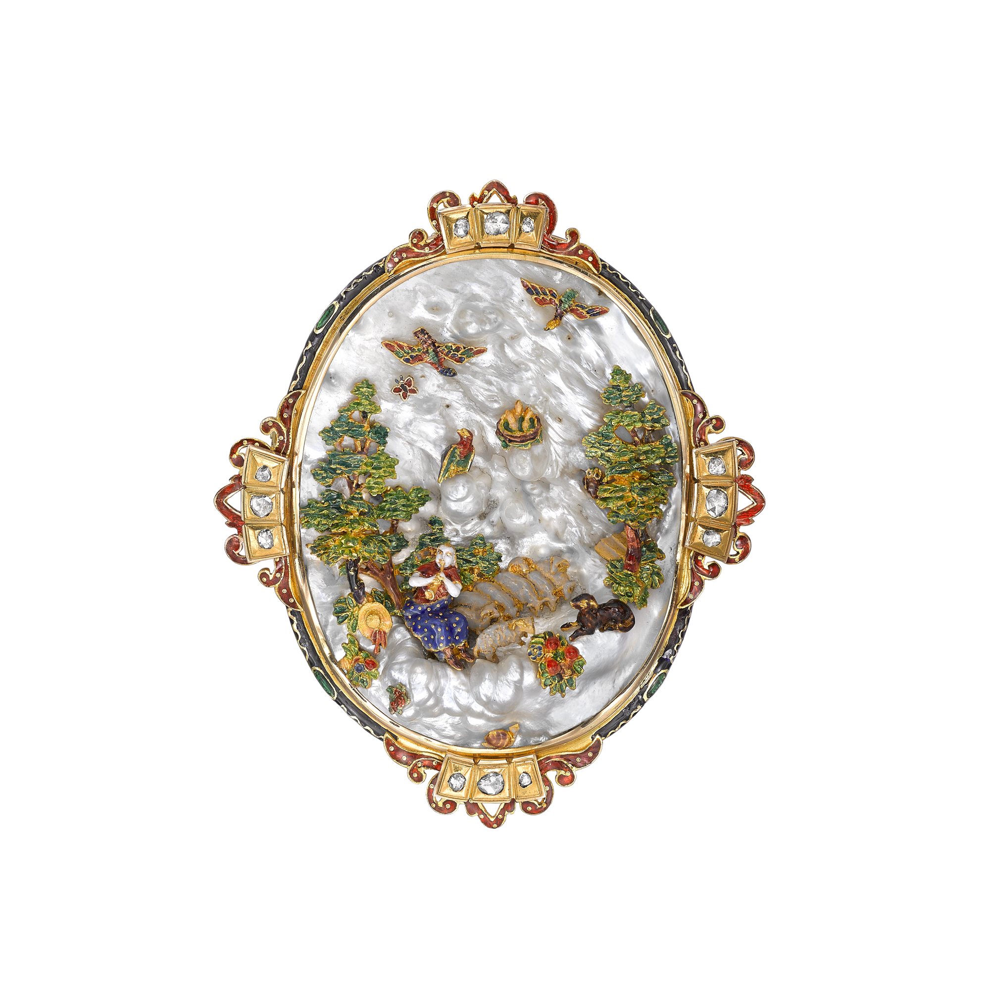 Victorian Mother of Pearl Brooch Landscape Pin Brooch, with Enamel Detail_1