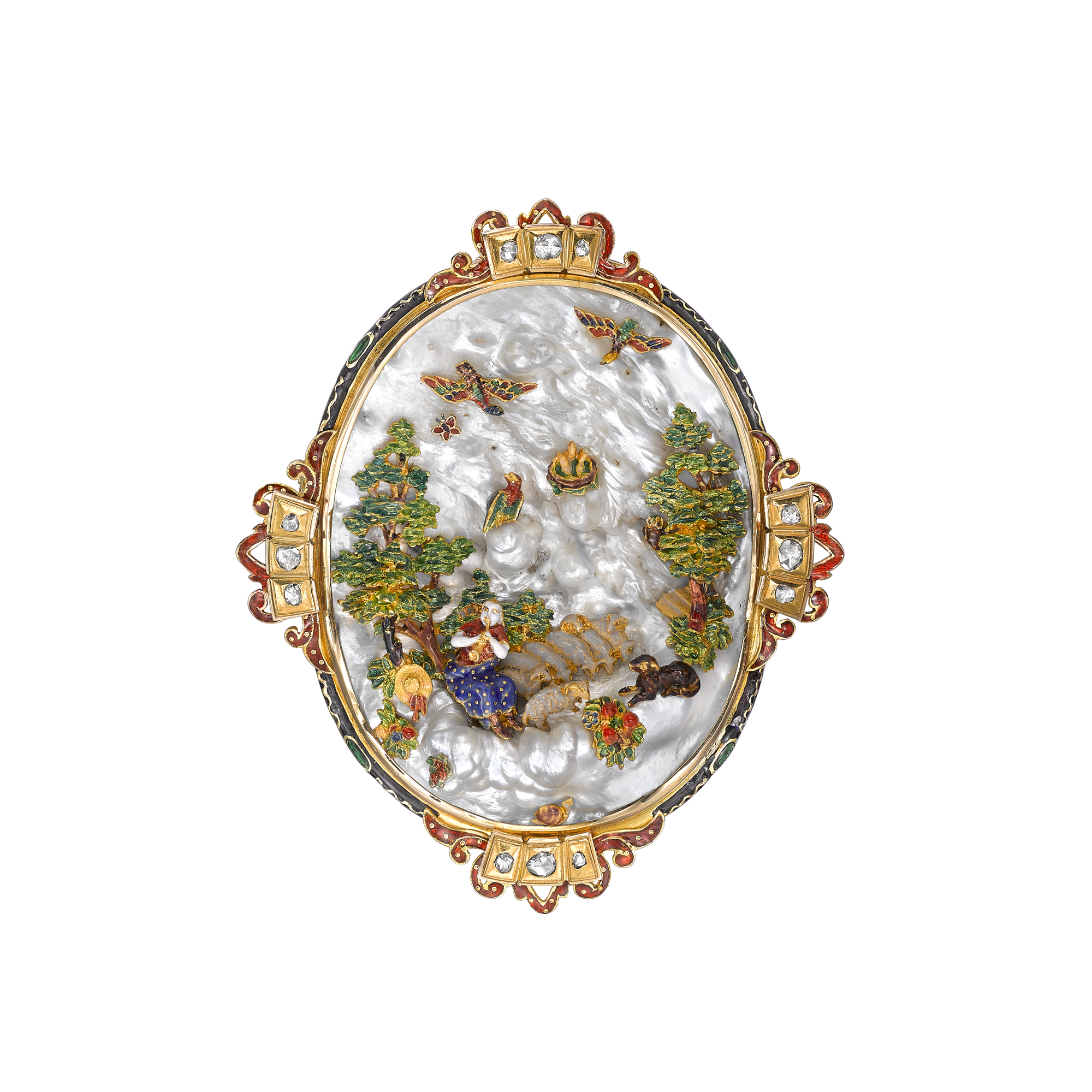 Victorian Mother of Pearl Brooch Landscape Pin Brooch, with Enamel Detail_1