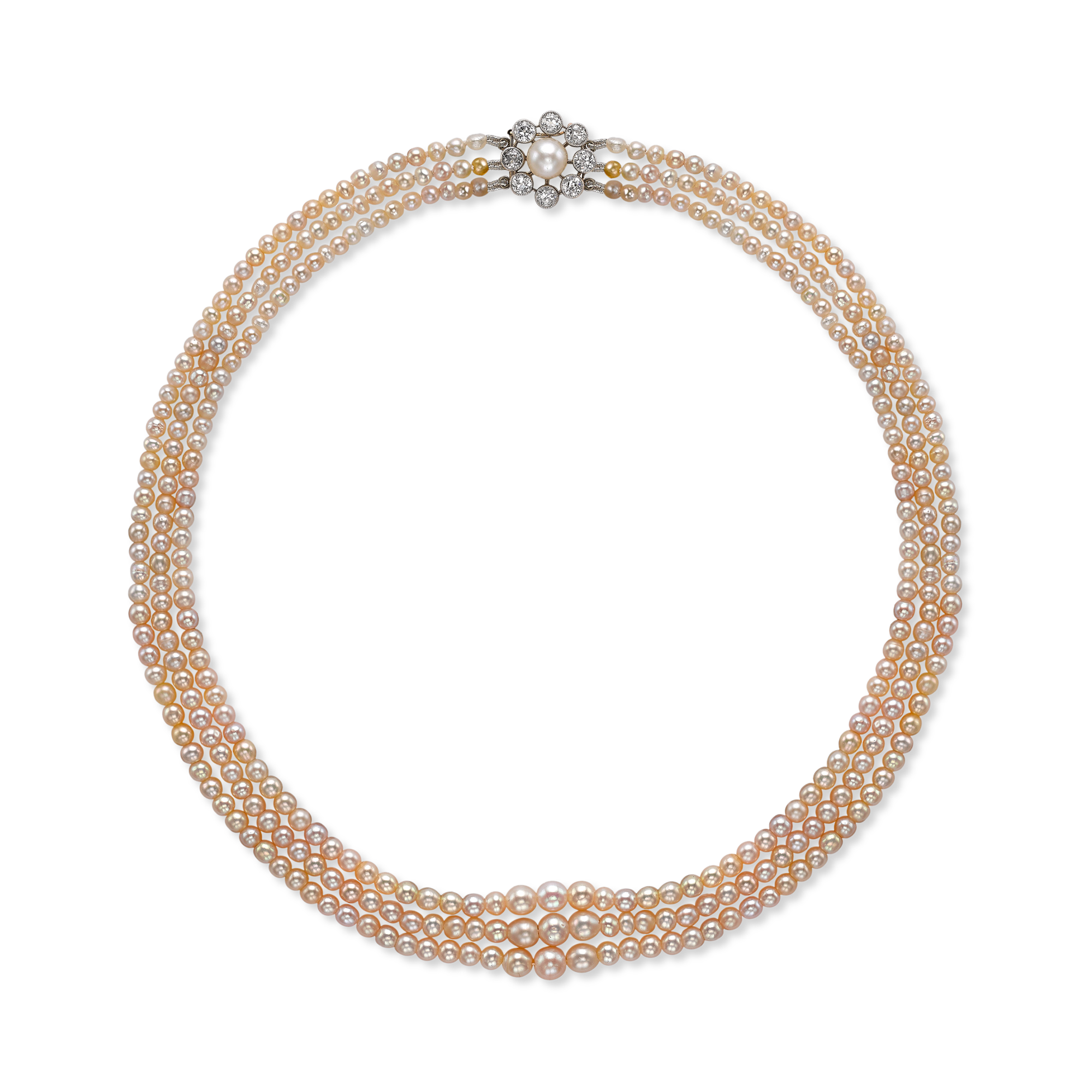 Victorian Saltwater Pearl Three Row Necklet Graduated Pearl Necklet, with Diamond Clasp_1
