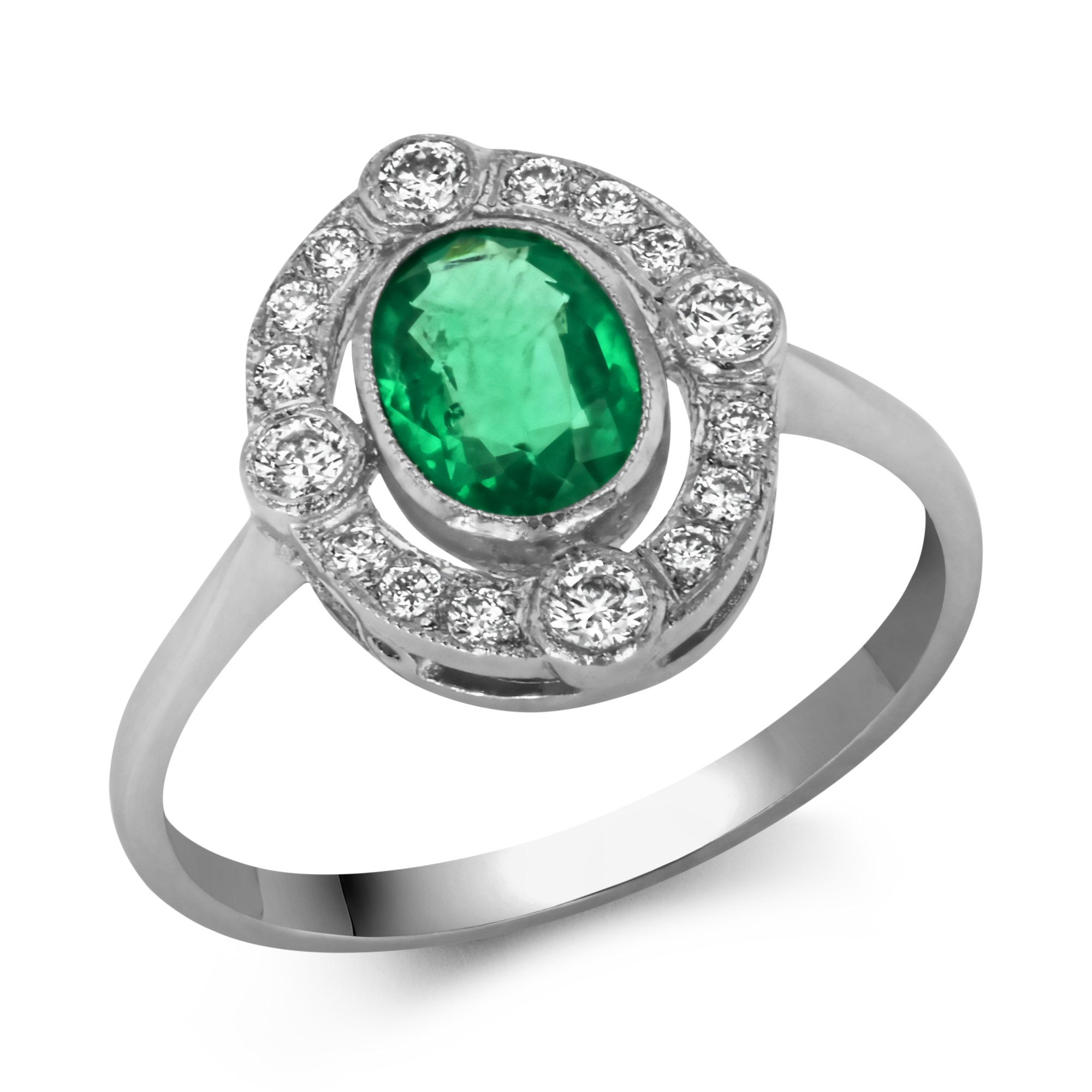 Art Deco Inspired 0.80ct Emerald and Diamond Cluster Ring Oval Cut, Millegrain Set_1