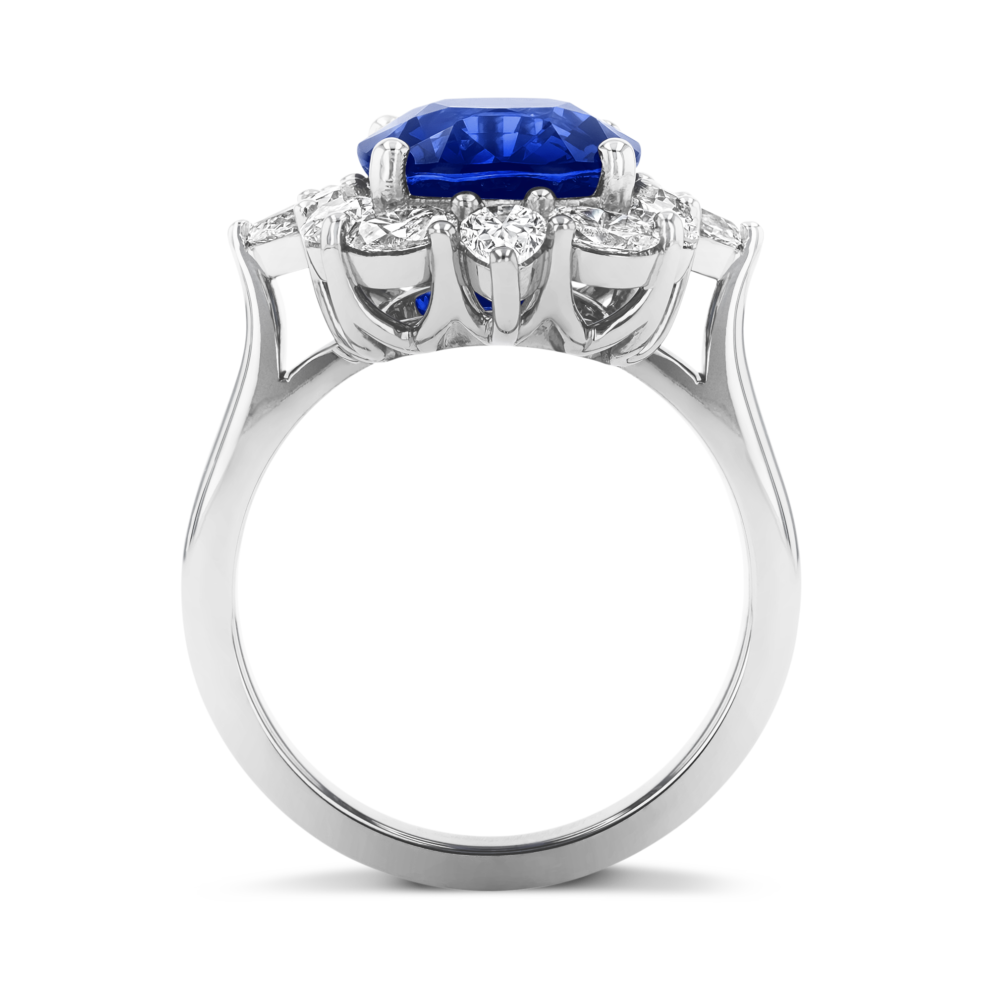 Sri Lankan Sapphire Cluster Ring with Pear and Oval Diamond Surround Cushion Modern Cut, Four Claw Set_3