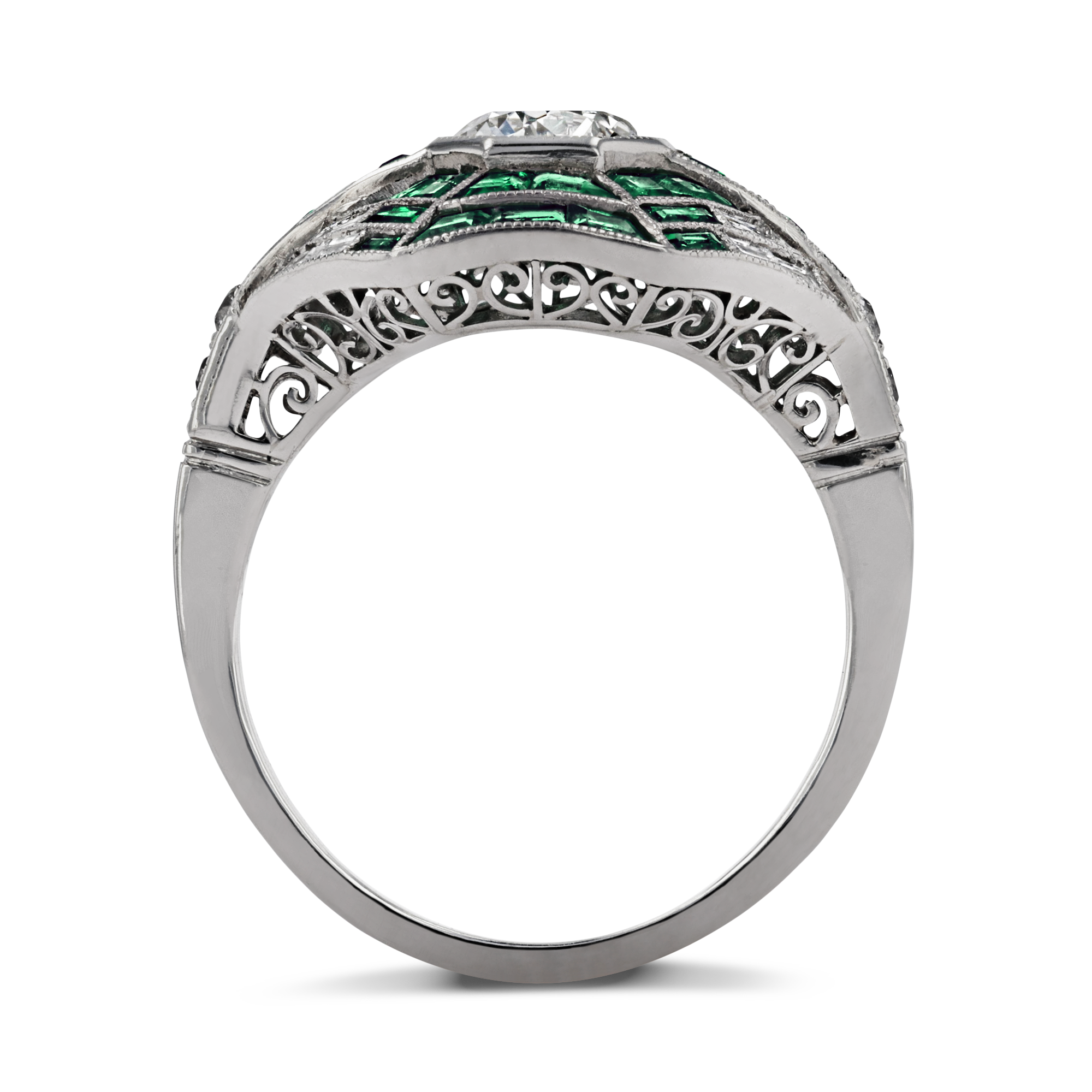 Art Deco Inspired Octagonal Diamond & Emerald Dress Ring Octagon Cut, Millegrain Set_3