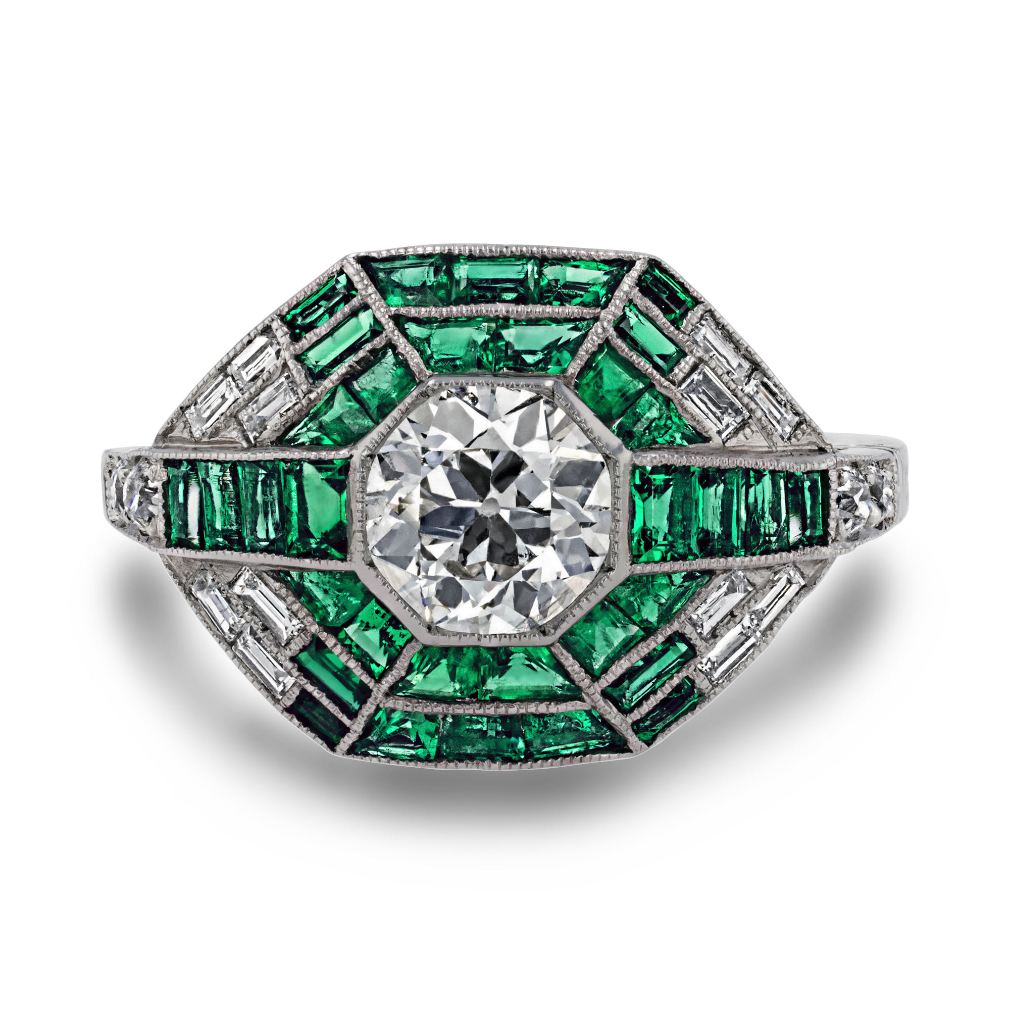 Art Deco Inspired 0.92ct Emerald and Diamond Cluster Ring Octagon Cut, Millegrain Set_2