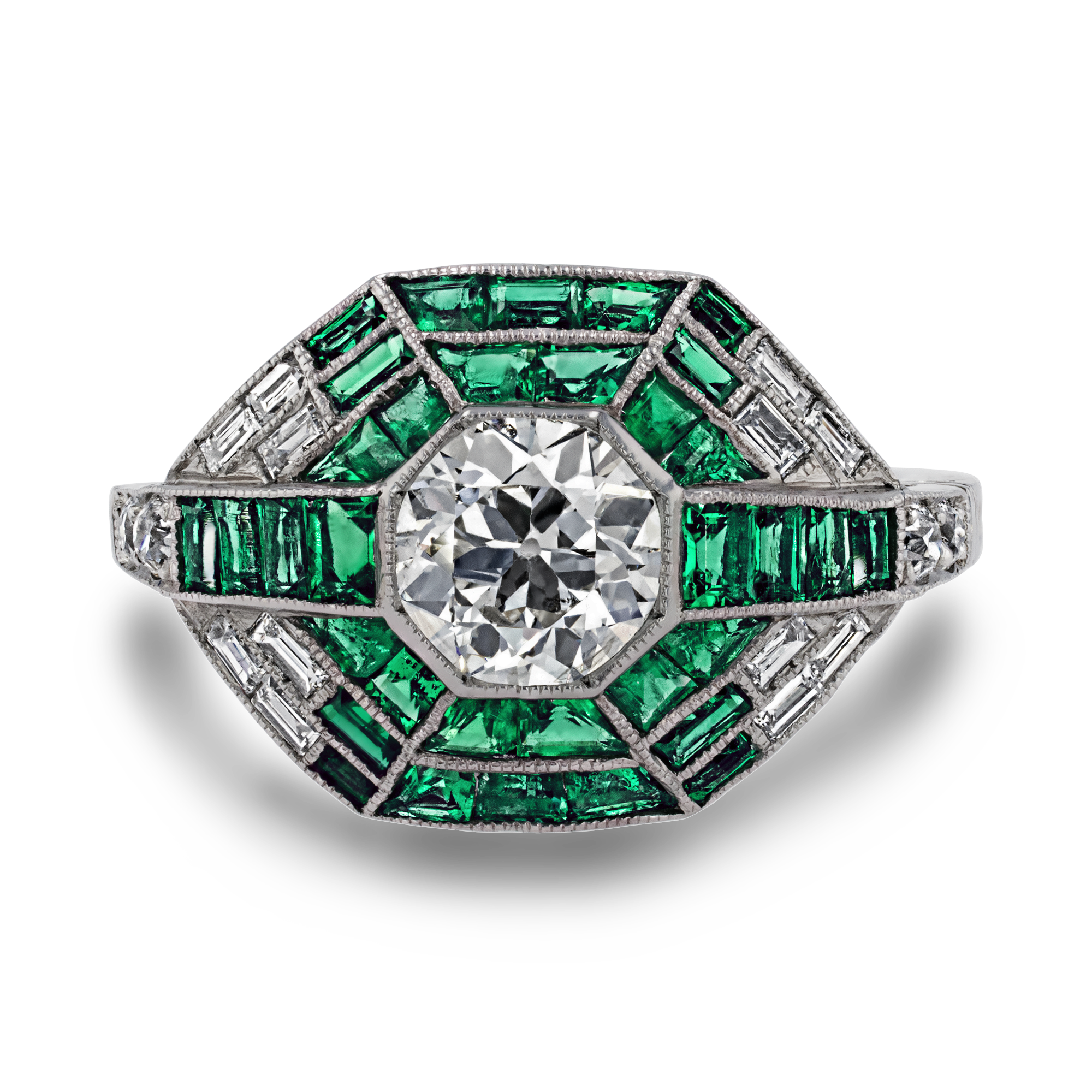Art Deco Inspired Octagonal Diamond & Emerald Dress Ring Octagon Cut, Millegrain Set_2