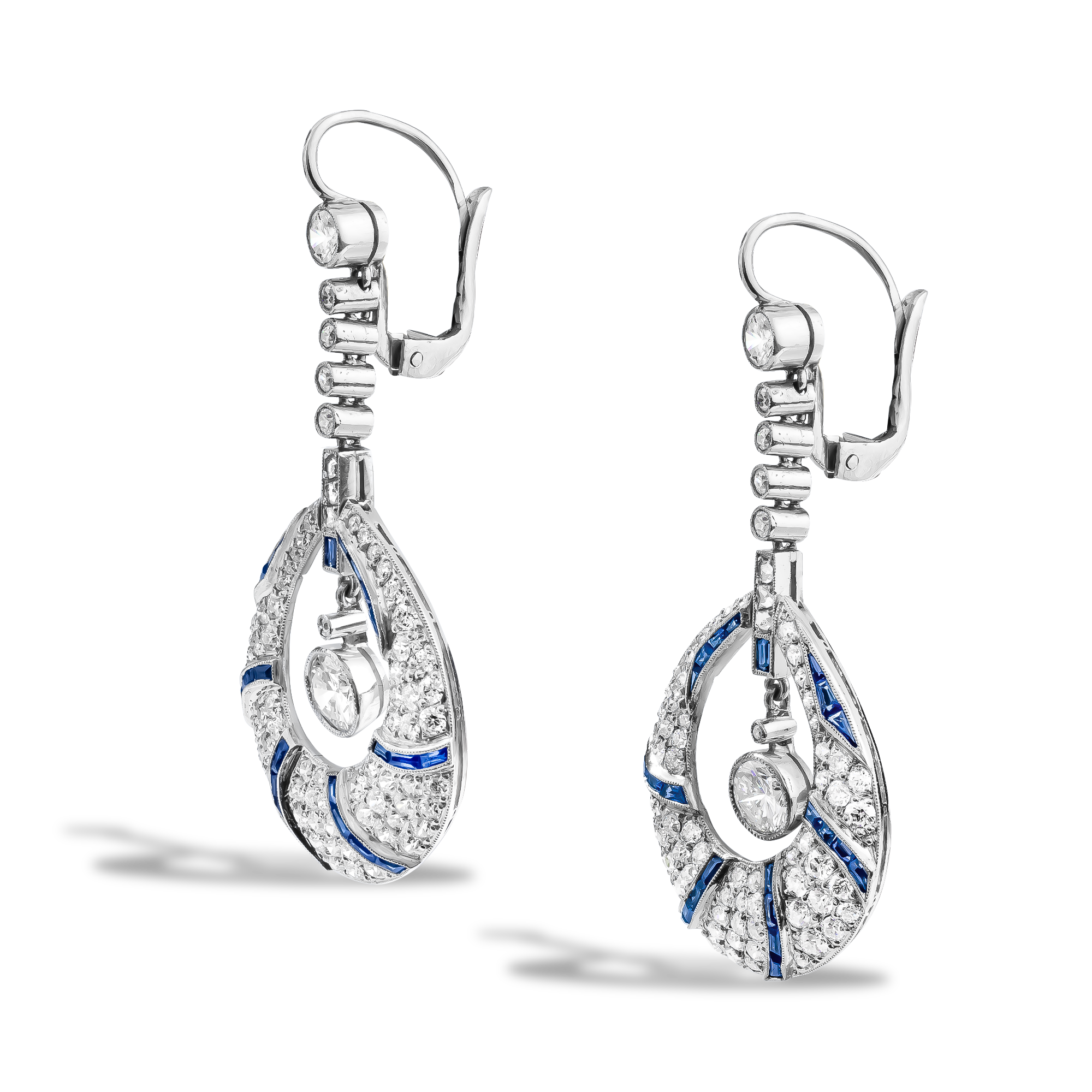 Old Cut 4.07ct Diamond and Sapphire Drop Earrings European Old & Mixed Cut, Millegrain Set_2