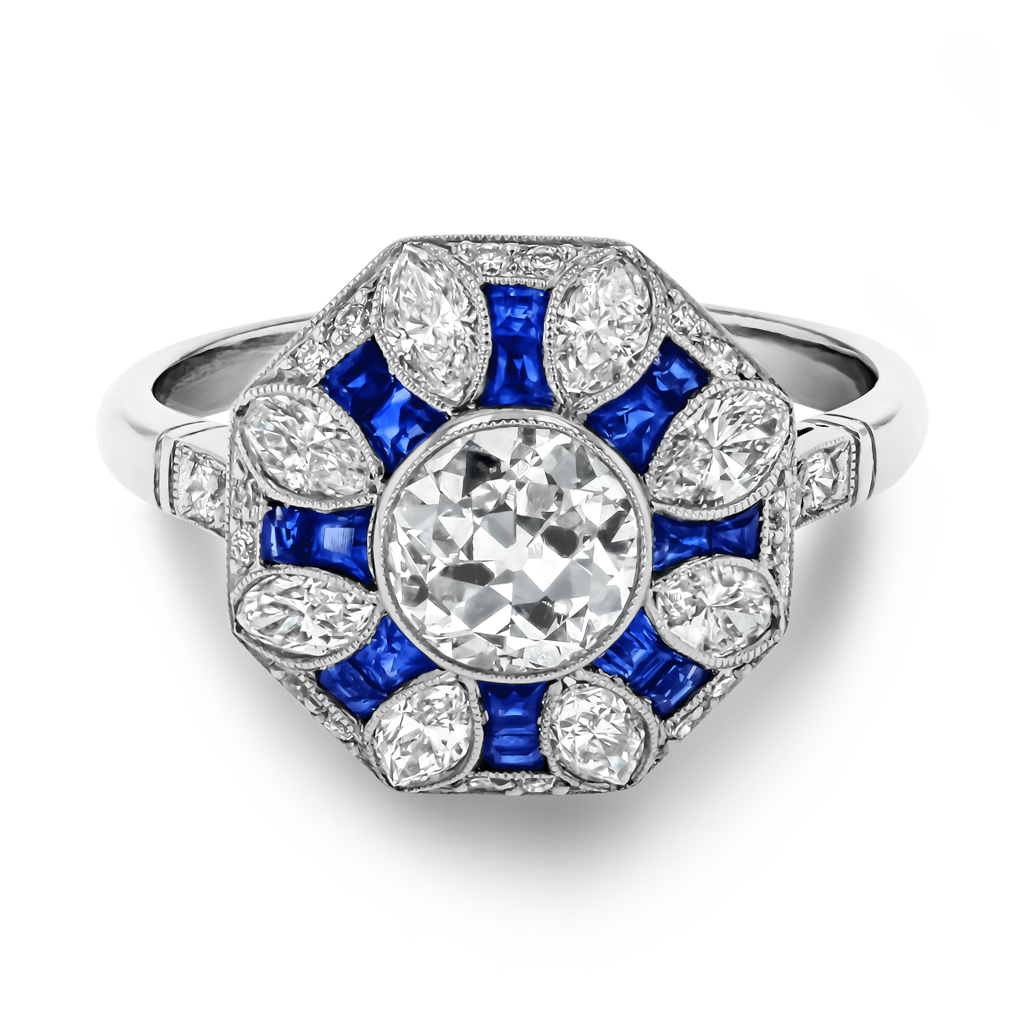 Art Deco Inspired Diamond and Sapphire Cluster Ring Old Cut, Millegrain Set_2
