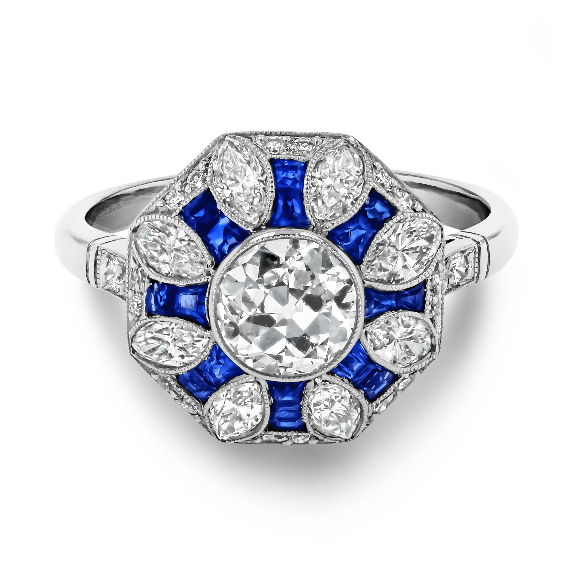 Art Deco Inspired 0.75ct Sapphire and Diamond Cluster Ring Old Cut, Millegrain Set_2