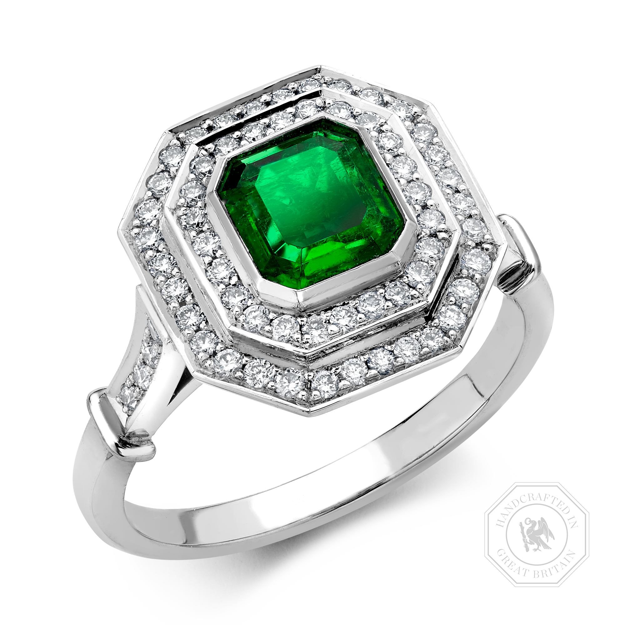 Art Deco Inspired 0.82ct Emerald and Diamond Target Ring Emerald Cut, Rubover Set_1