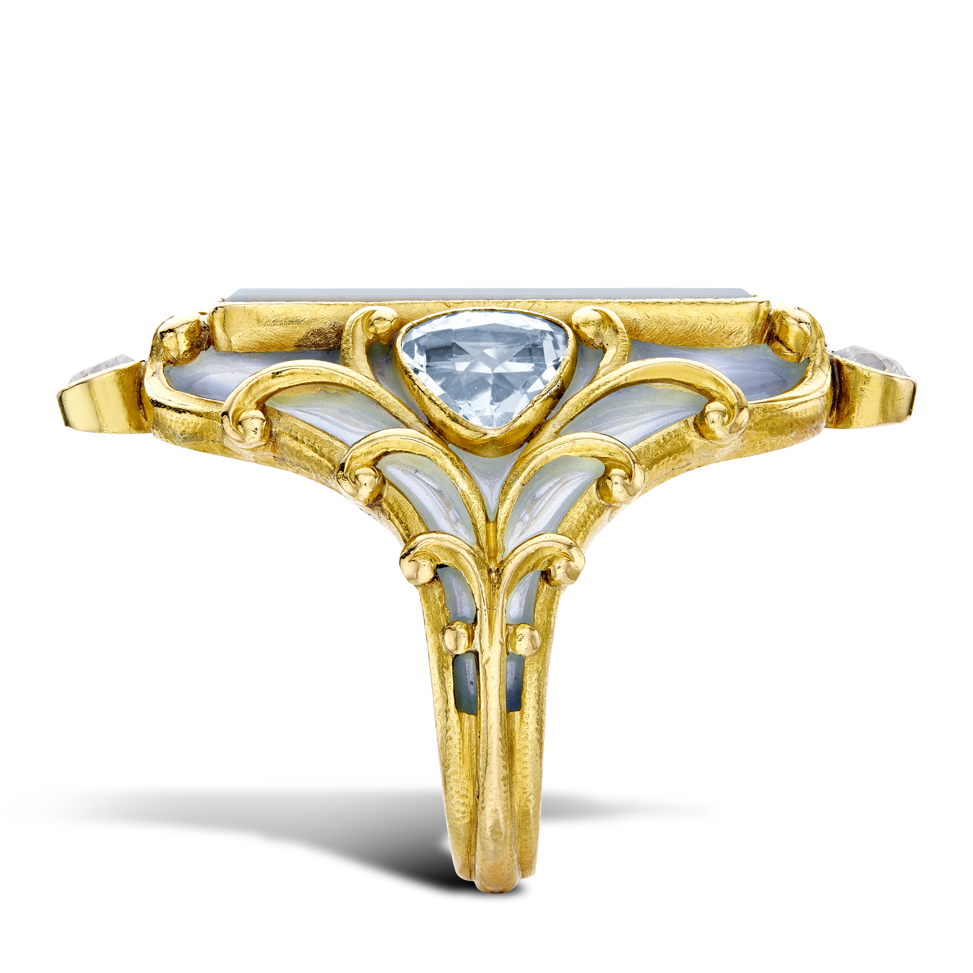 Art Nouveau Marcus & Co Aquamarine, Diamond & Enamel Ring Baguette Cut, Rubover Set_4