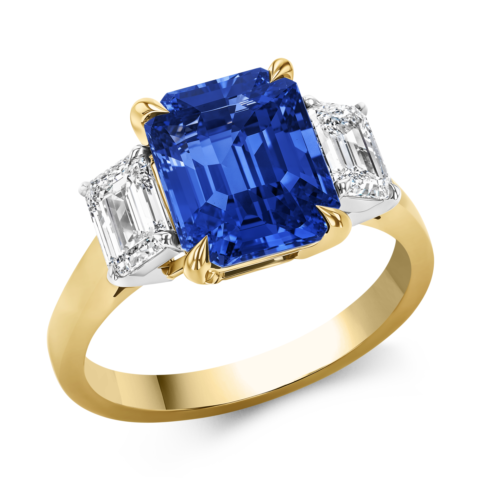 Sri Lankan 4.40ct Sapphire and Diamond Three Stone Ring Octagon Cut, Claw Set_1