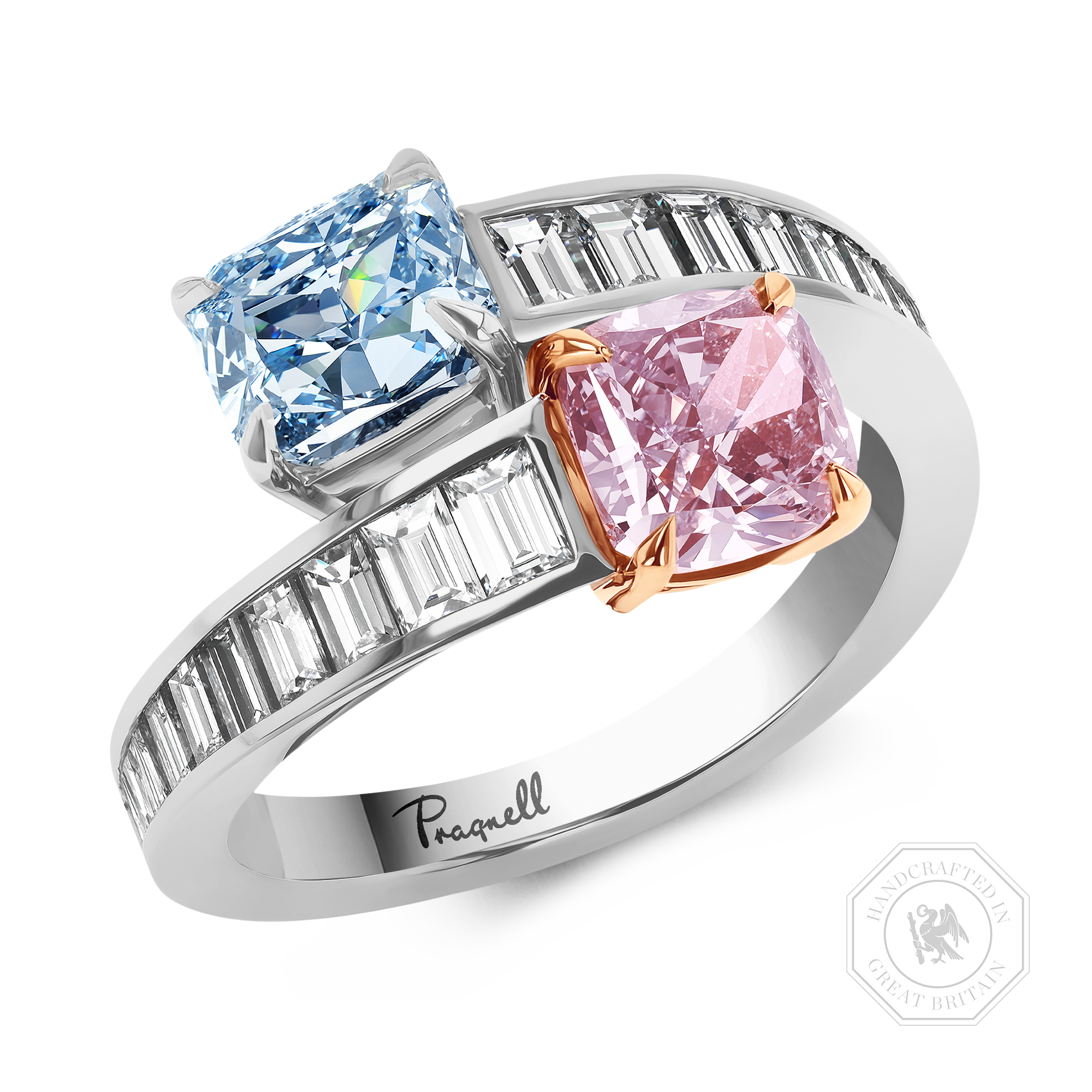 Masterpiece 2.65ct Pink and Blue Diamond Toi et Moi Ring Radiant and Cushion Cut, Claw Set_1