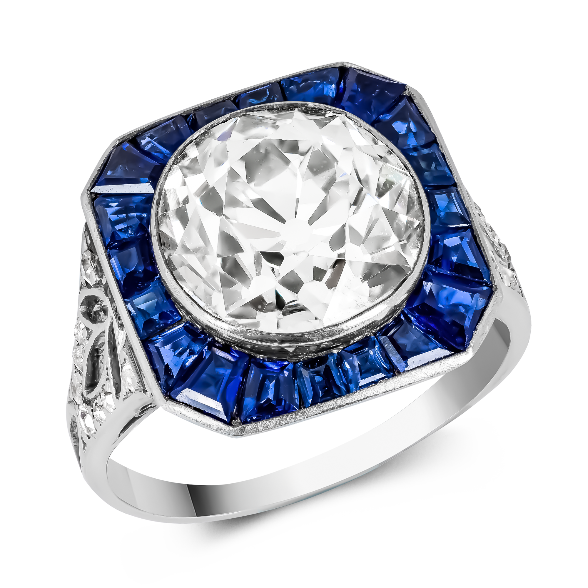 Art Deco Old Cut 3.30ct Diamond and Sapphire Target Ring Old European Cut, Rubover Set_1