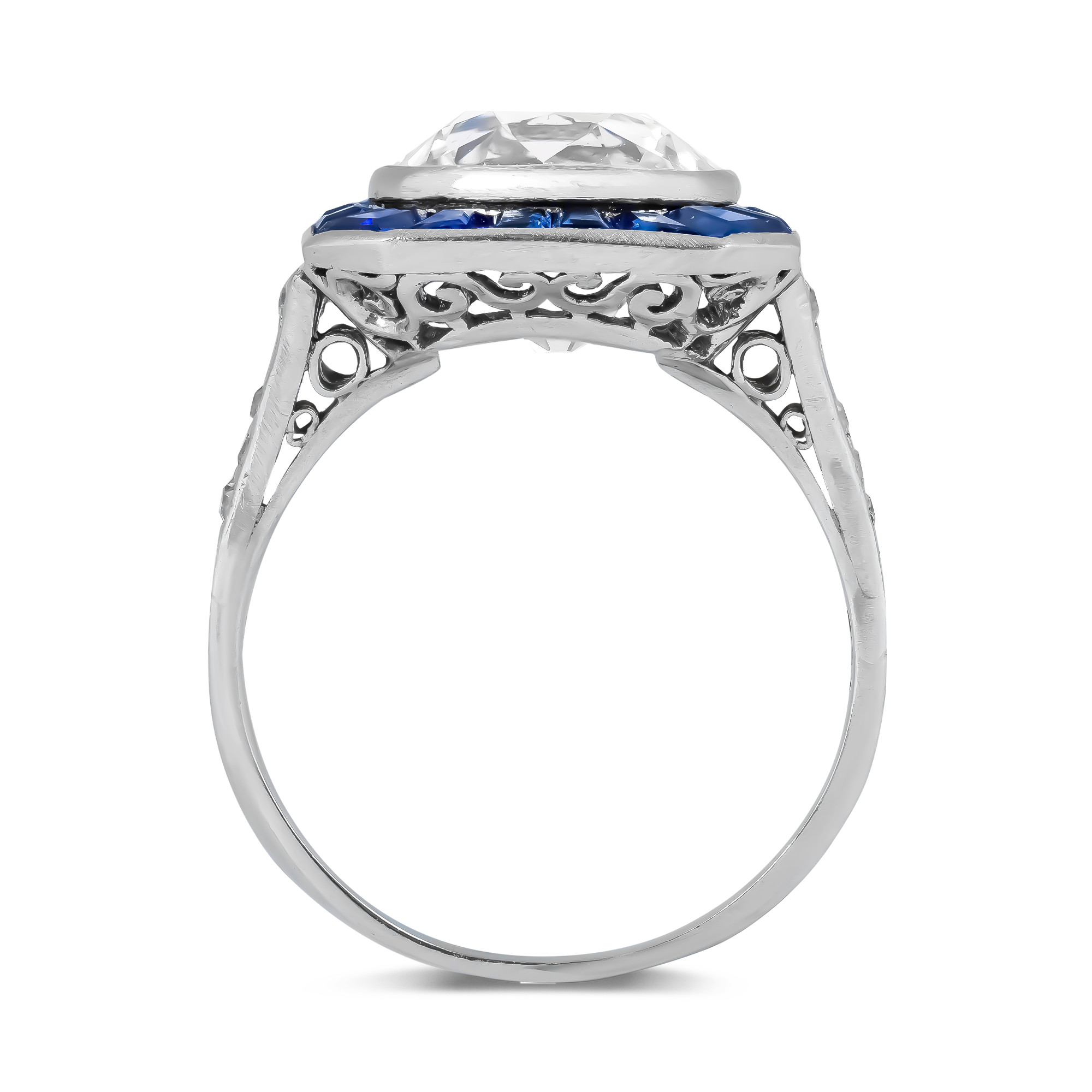 Art Deco Old Cut 3.30ct Diamond and Sapphire Target Ring Old European Cut, Rubover Set_3