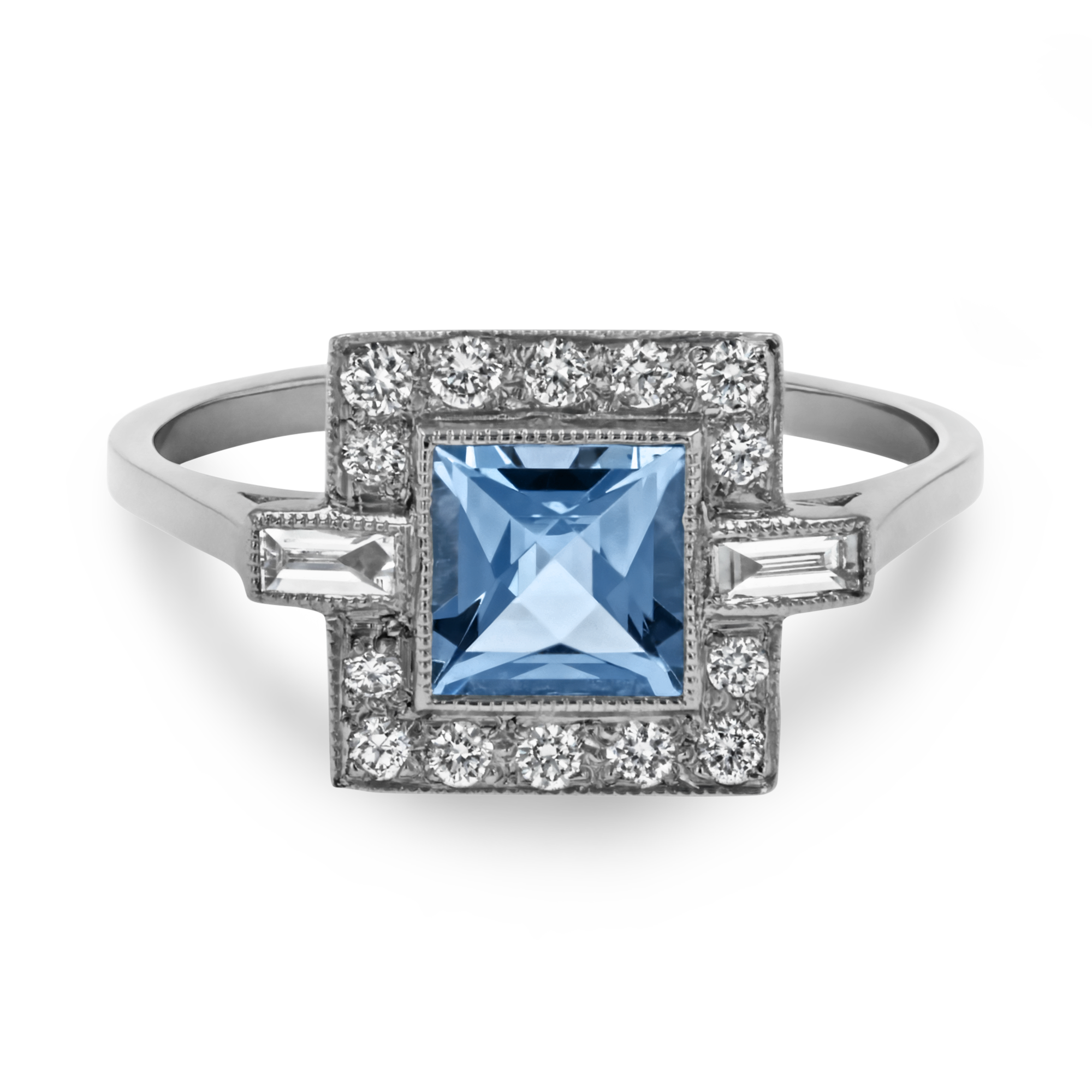 Art Deco Inspired 0.70ct Aquamarine and Diamond Cluster Ring Square Cut, Millegrain Set_2