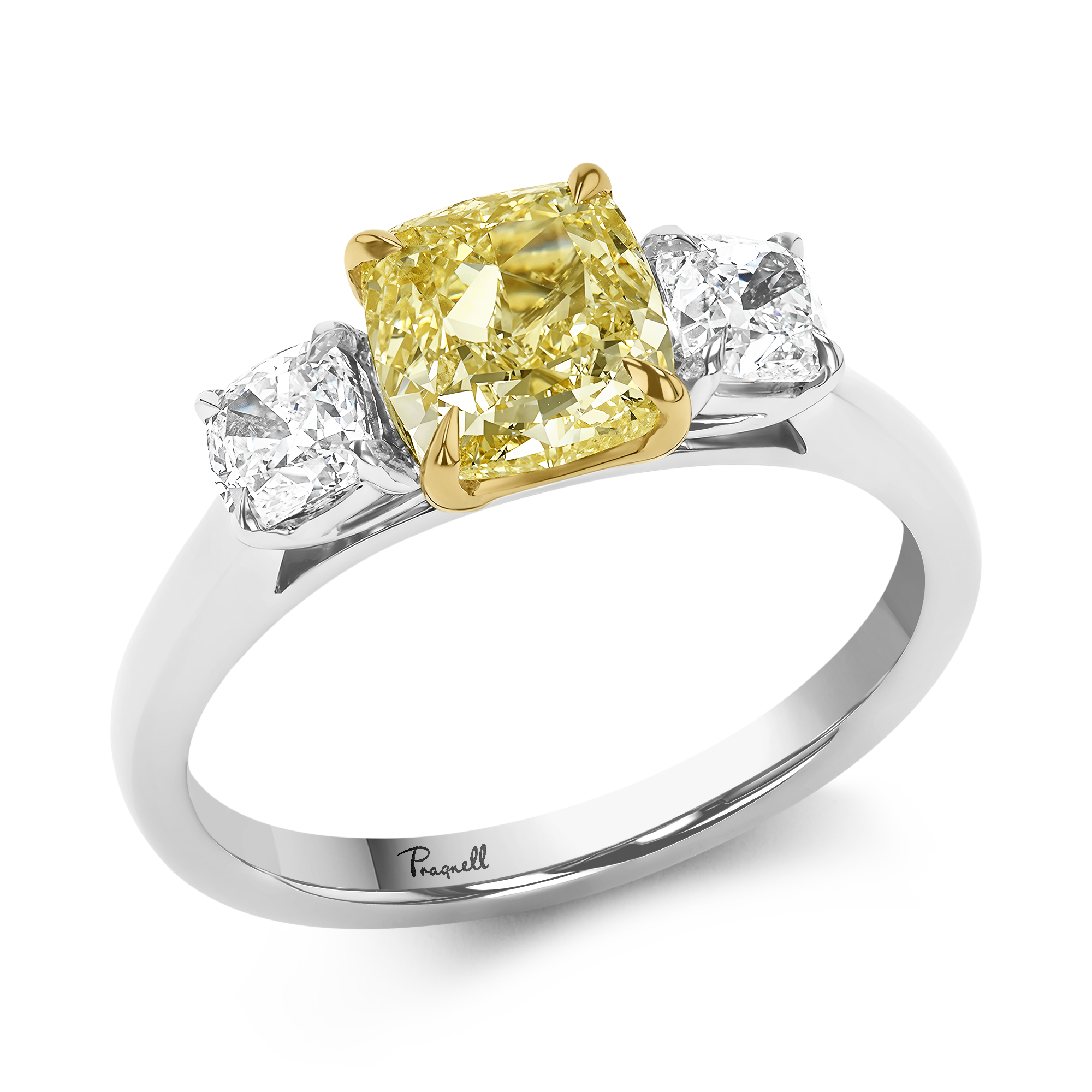 Cushion Cut 1.66ct Fancy Yellow Diamond Three Stone Ring Cushion modern cut, Claw set_1