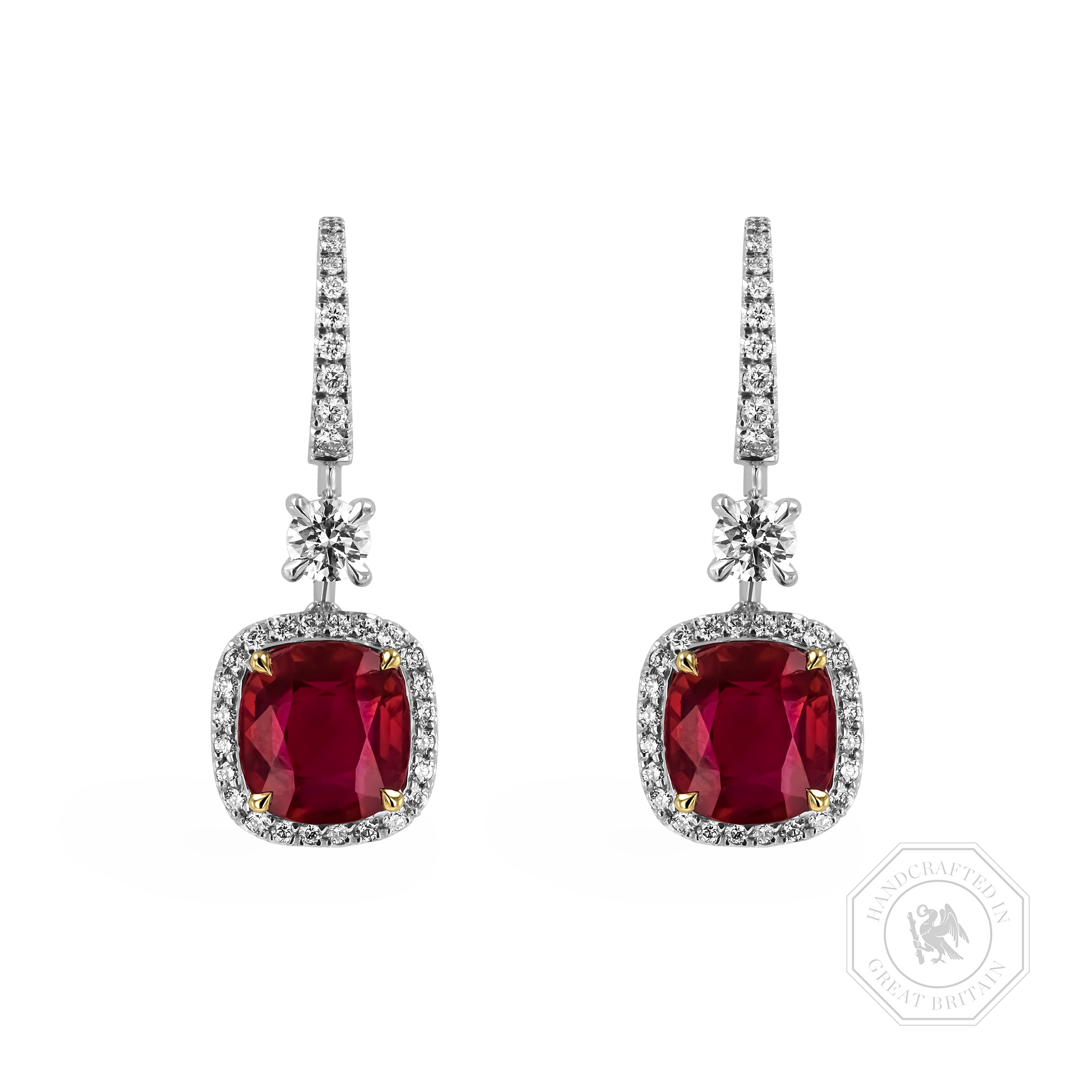Masterpiece 4.47ct Burmese Ruby and Diamond Drop Earrings Cushion modern cut, Claw set_1