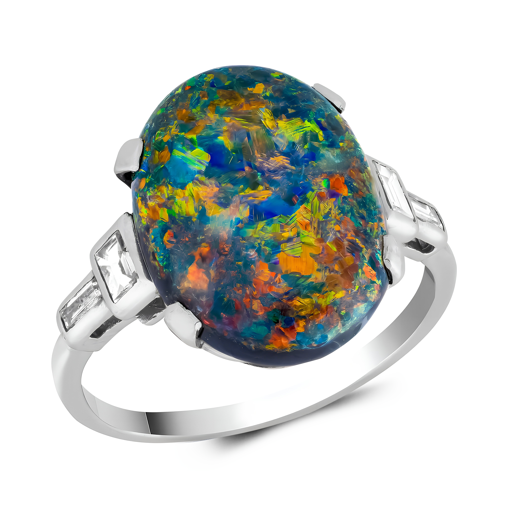 Cabochon Cut Black Opal and Diamond Ring Cabochon Cut, Claw Set_1