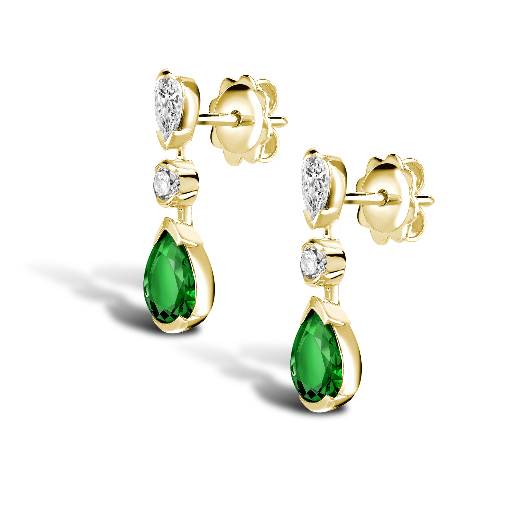 Pear Shape Emerald Drop Earrings Rubover Set with Pear and Brilliant Diamonds_2