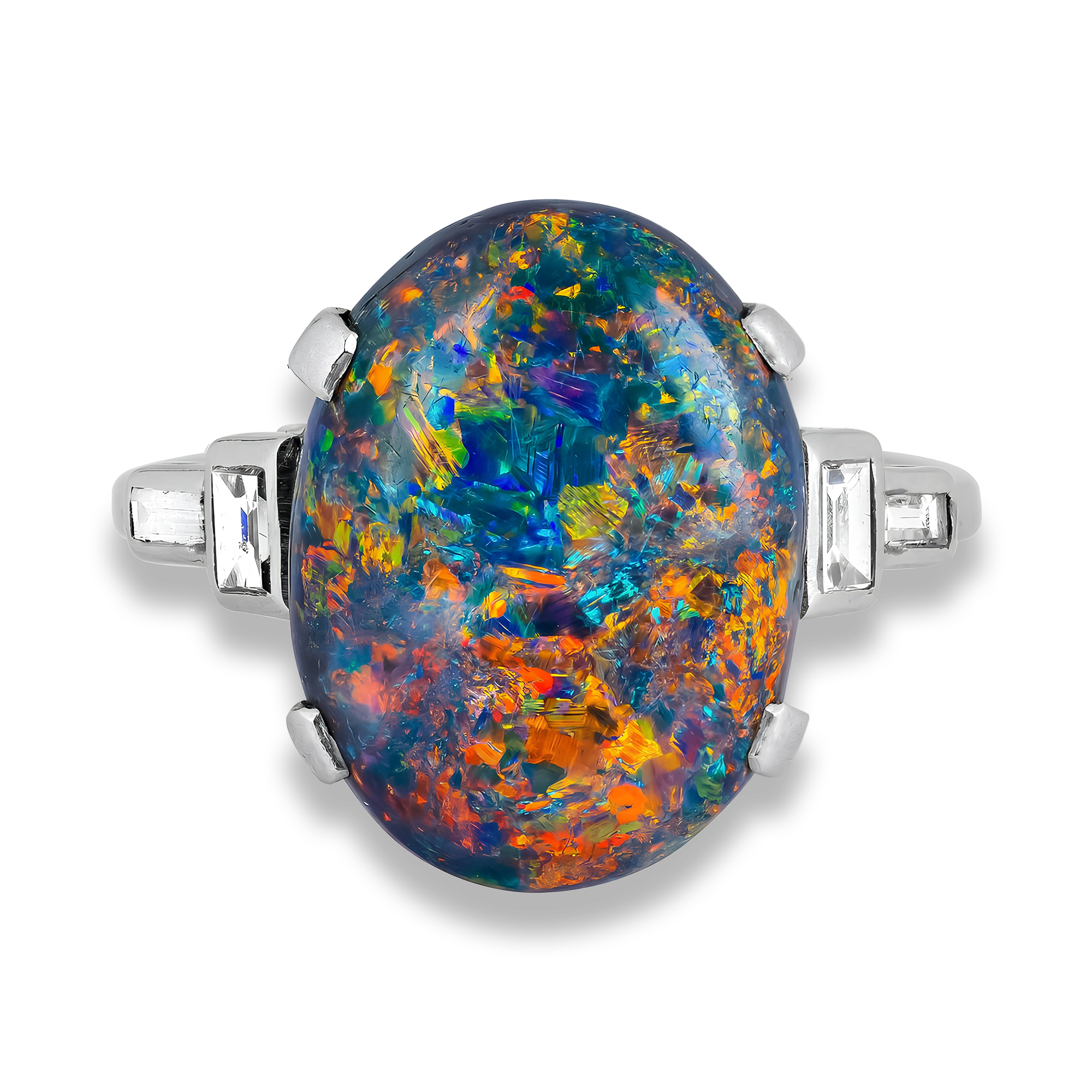 Cabochon Cut Black Opal and Diamond Ring Cabochon Cut, Claw Set_2