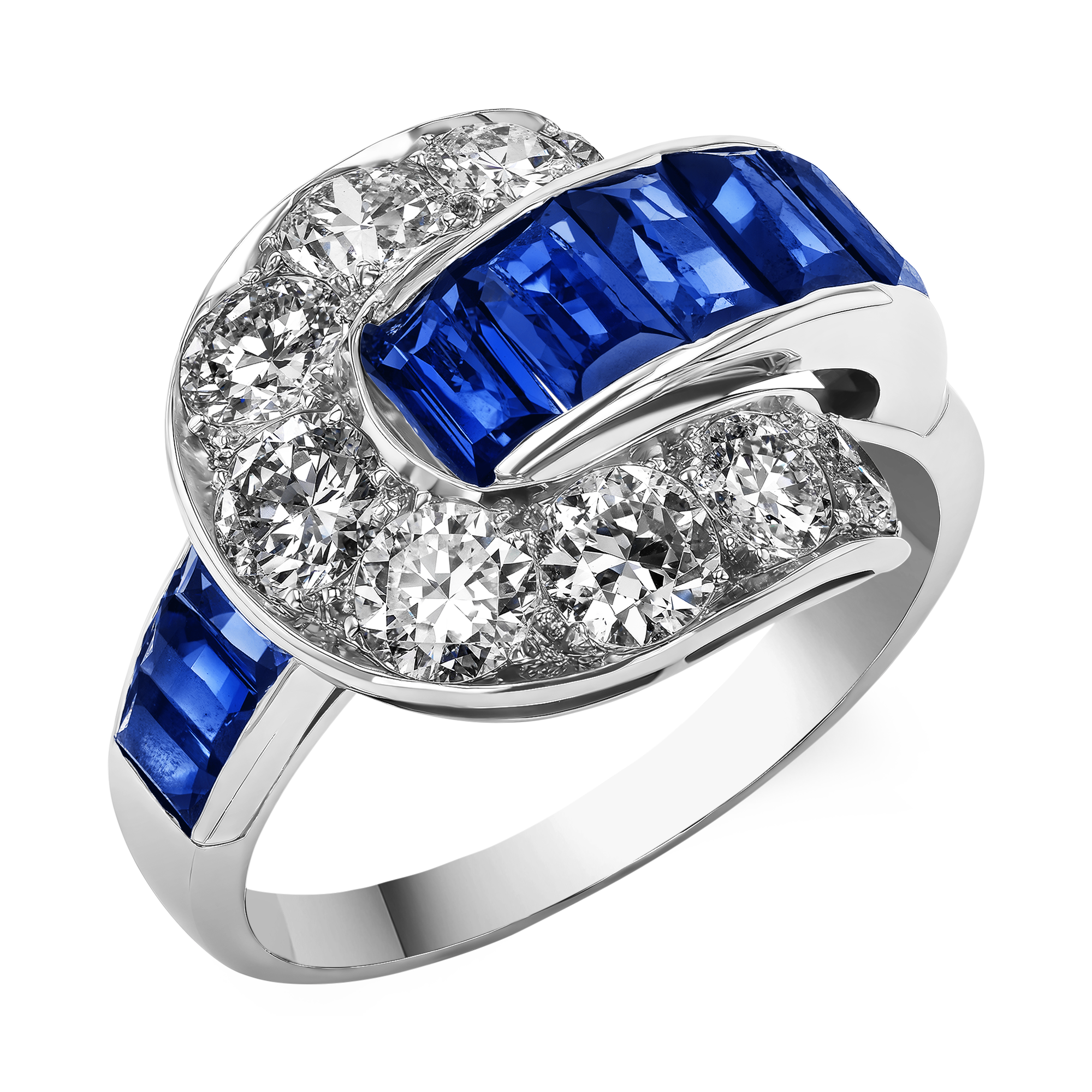 Art Deco Sapphire and Diamond Buckle Ring Baguette Cut, Channel Set_1