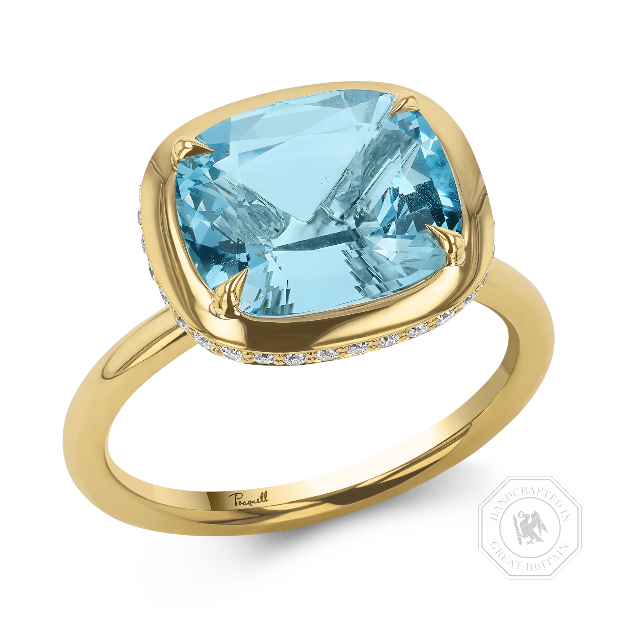 Skimming Stone 3.09ct Aquamarine and Diamond Solitaire Ring Cushion Cut, Claw Set_1