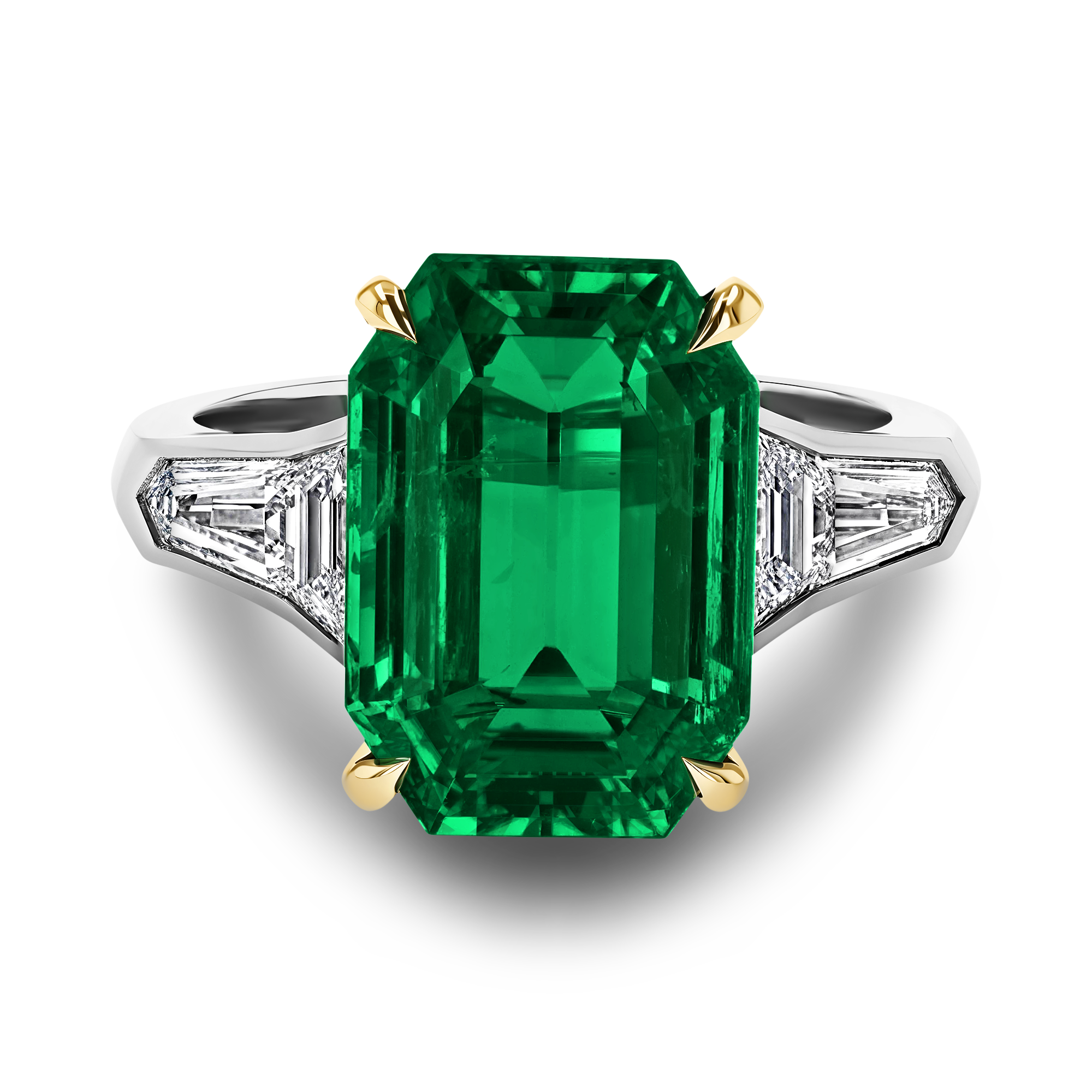 Masterpiece Octagonal Step cut Emerald Ring Four claw set flanked with Trapeze and Bullet cut Diamonds_2