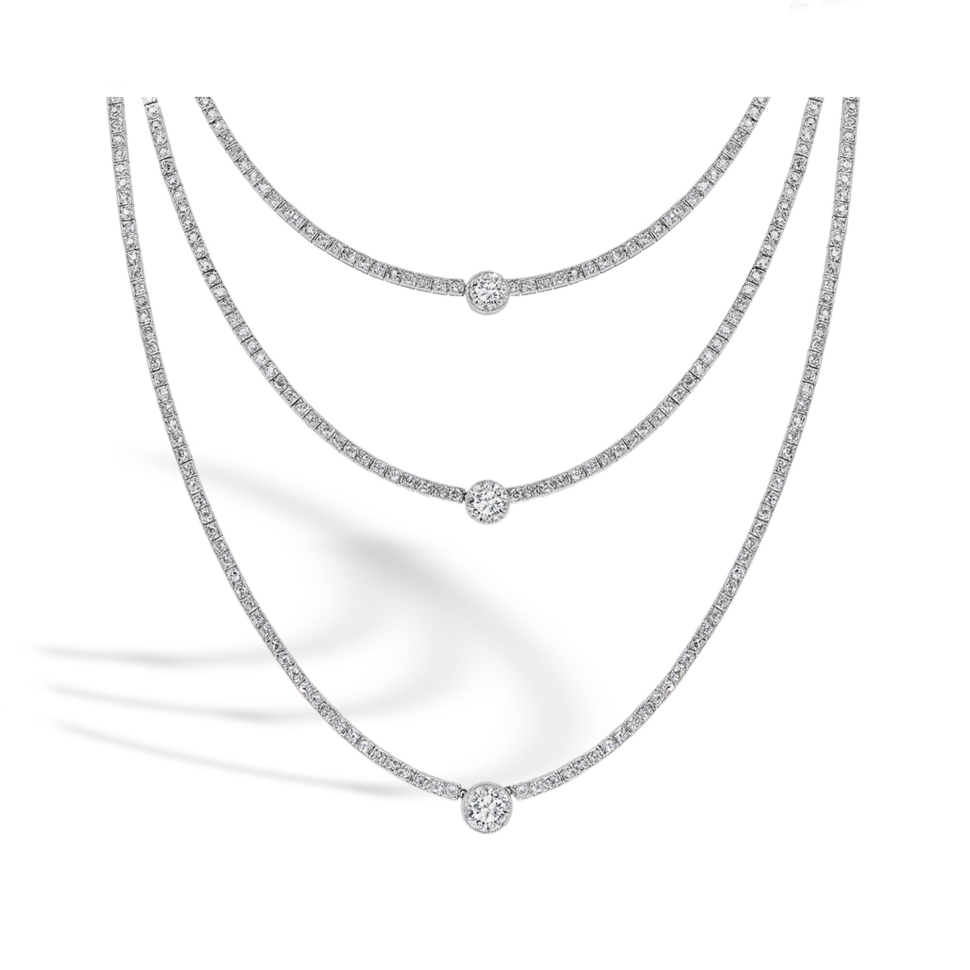 Edwardian Three Row Diamond Necklace Emerald Cut, Millegrain Set_2