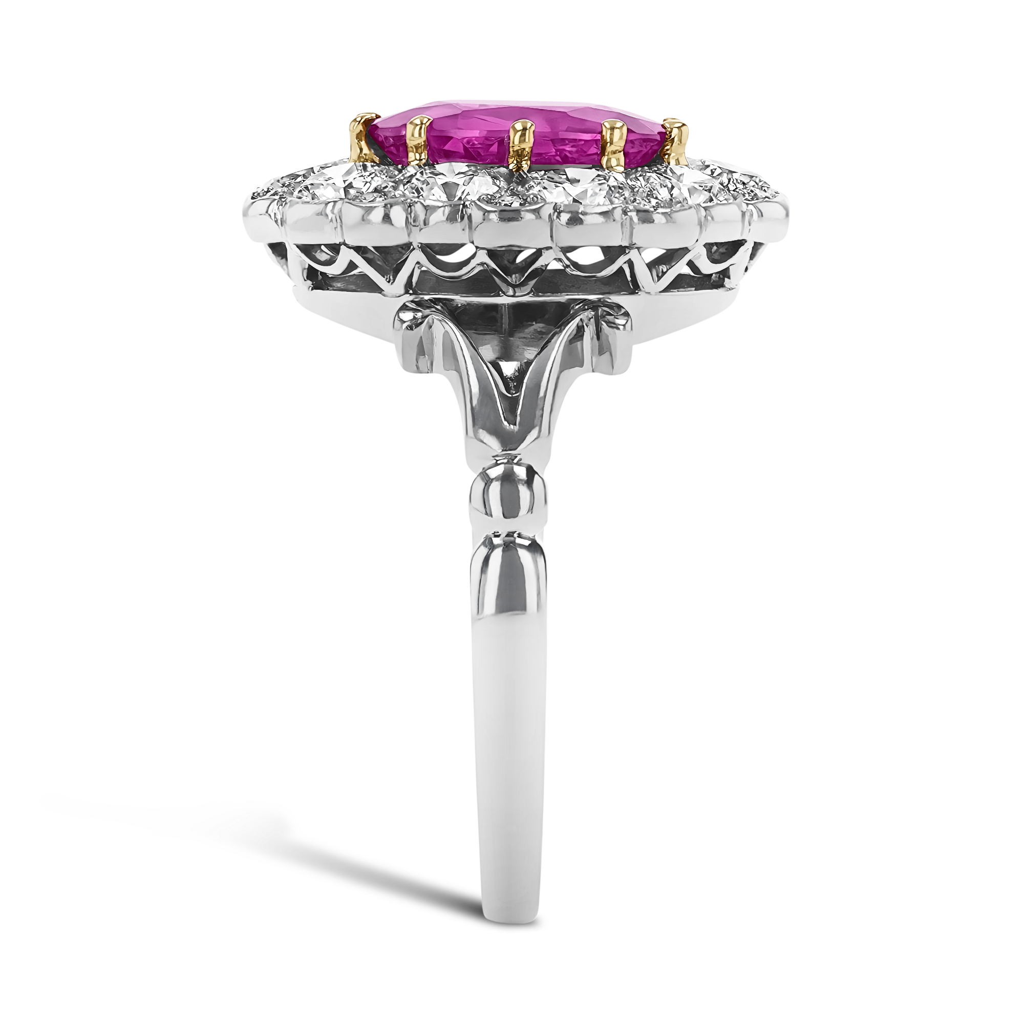 Contemporary Burmese Pink Sapphire Ring Oval Cut Cluster Ring, with Diamond Surround_4