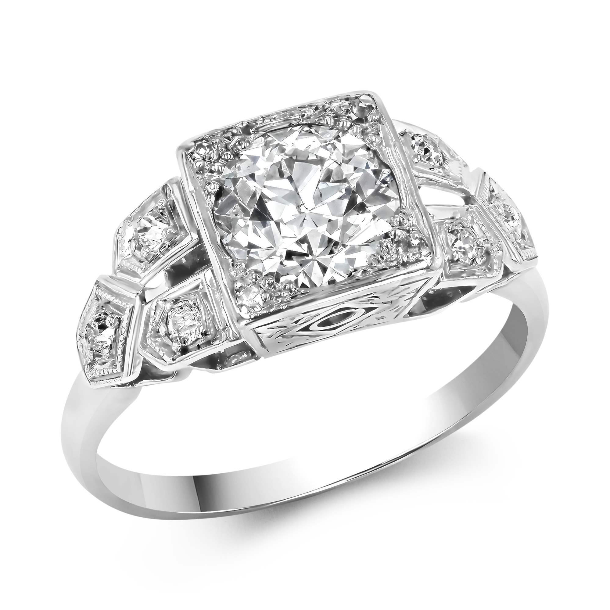 Art Deco Inspired 1.25ct Diamond Cluster Ring Brilliant Cut, Millegrain Set_1