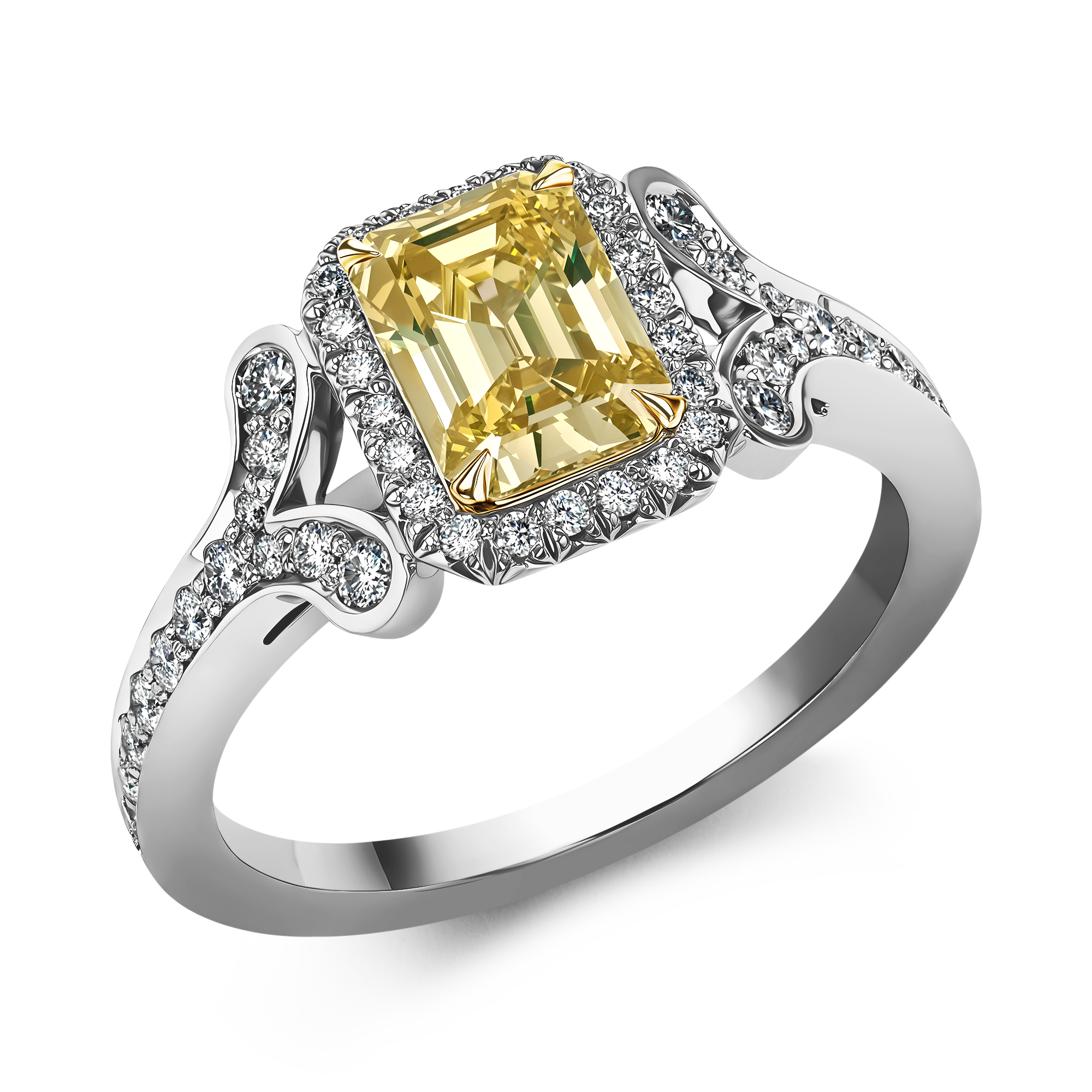 Fancy Intense Yellow Diamond Cluster Ring Emerald & Brilliant Cut, Claw Set_1