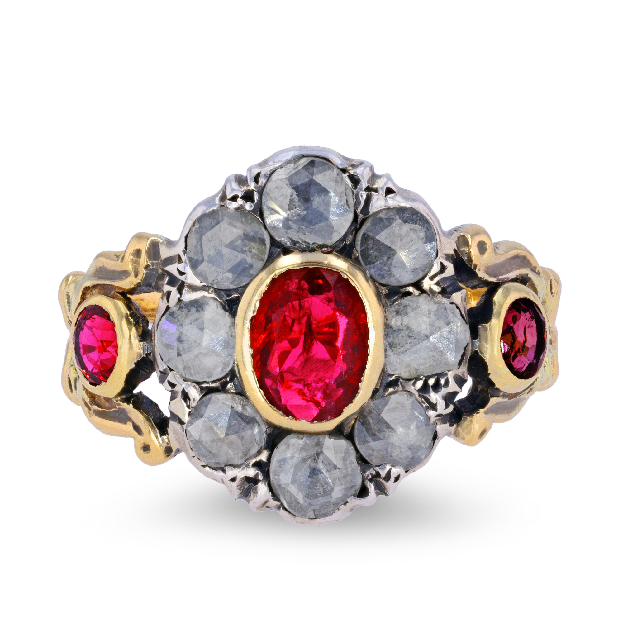 Georgian Ruby & Diamond Floral Cluster Ring Oval & Rose Cut, Rubover Set_2
