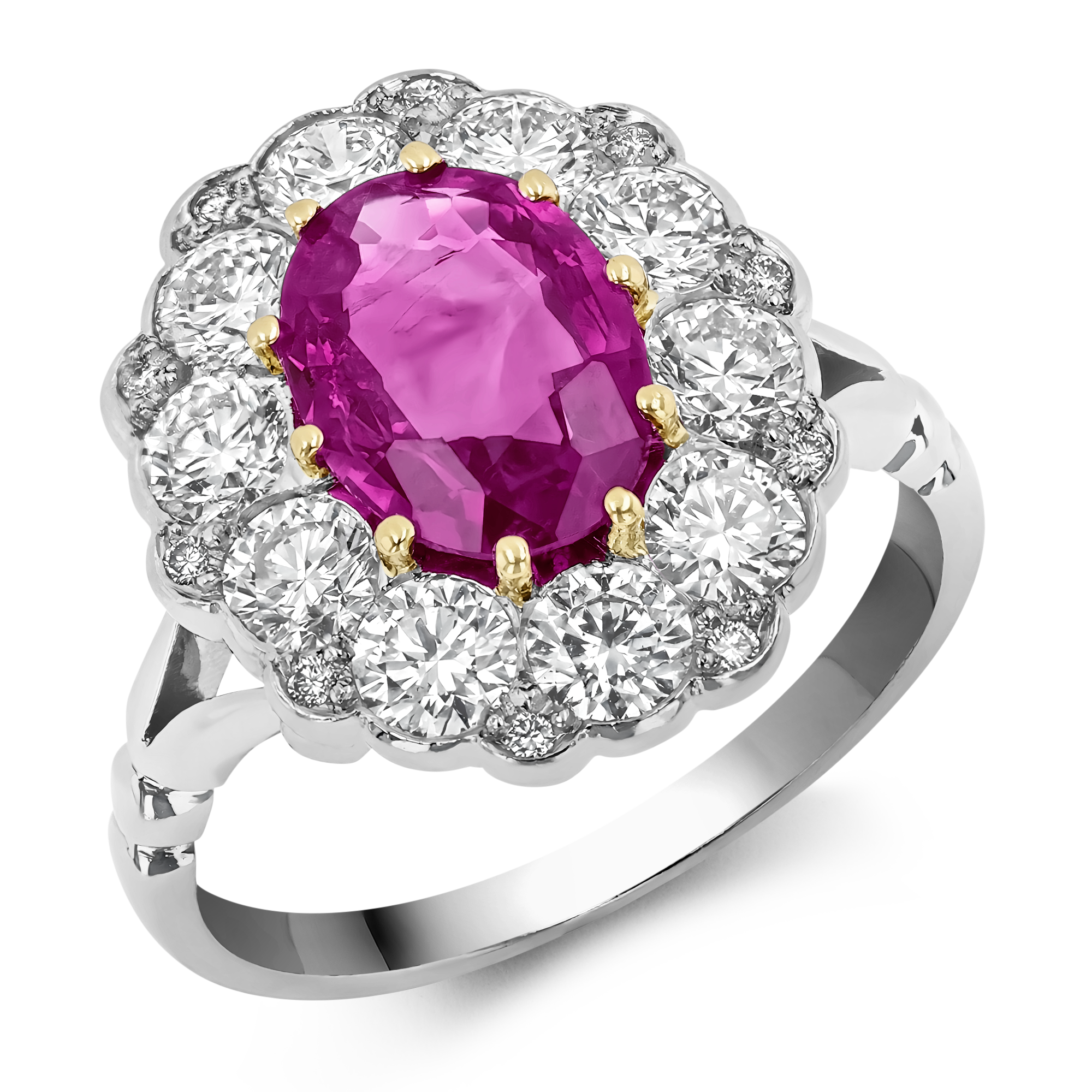 Contemporary 1.66ct Burmese Pink Sapphire and Diamond Cluster Ring Oval Cut, Claw Set_1