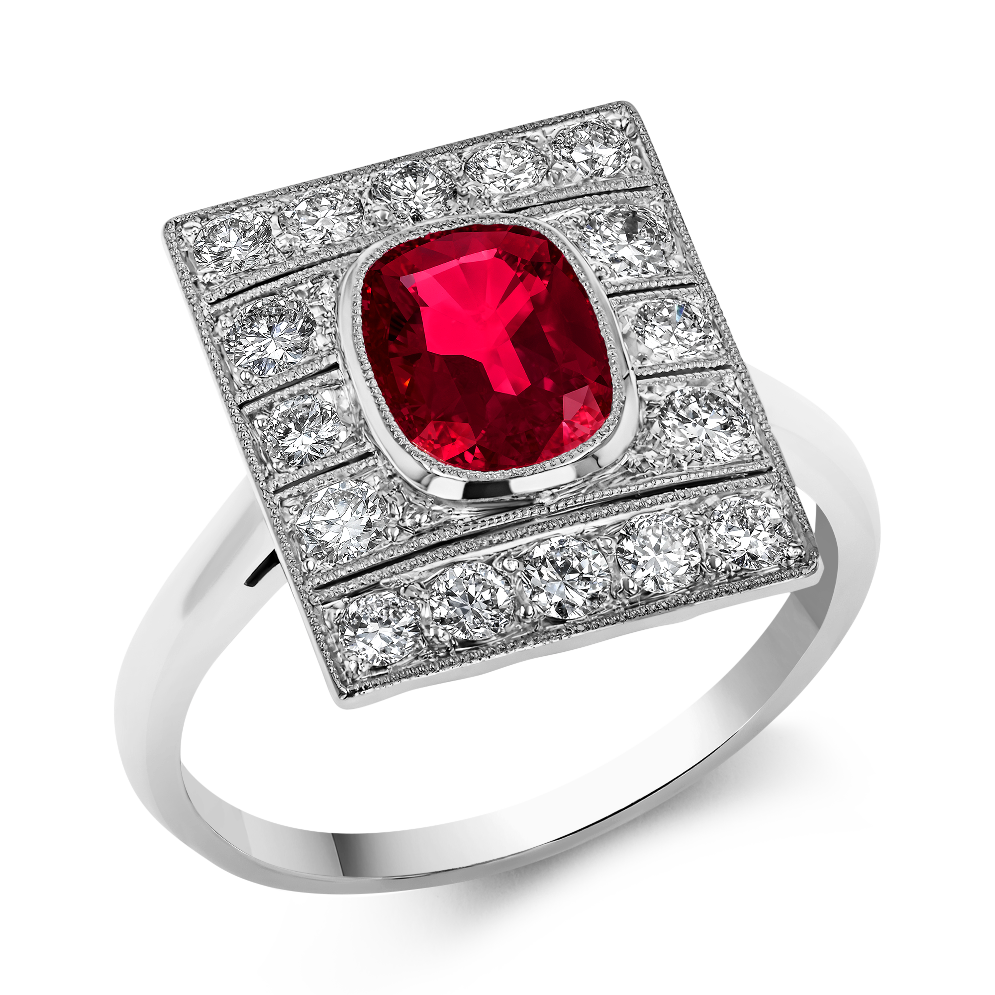 Art Deco 1.30ct Burmese Ruby and Diamond Plaque Ring Cushion Antique Cut, Millegrain_1