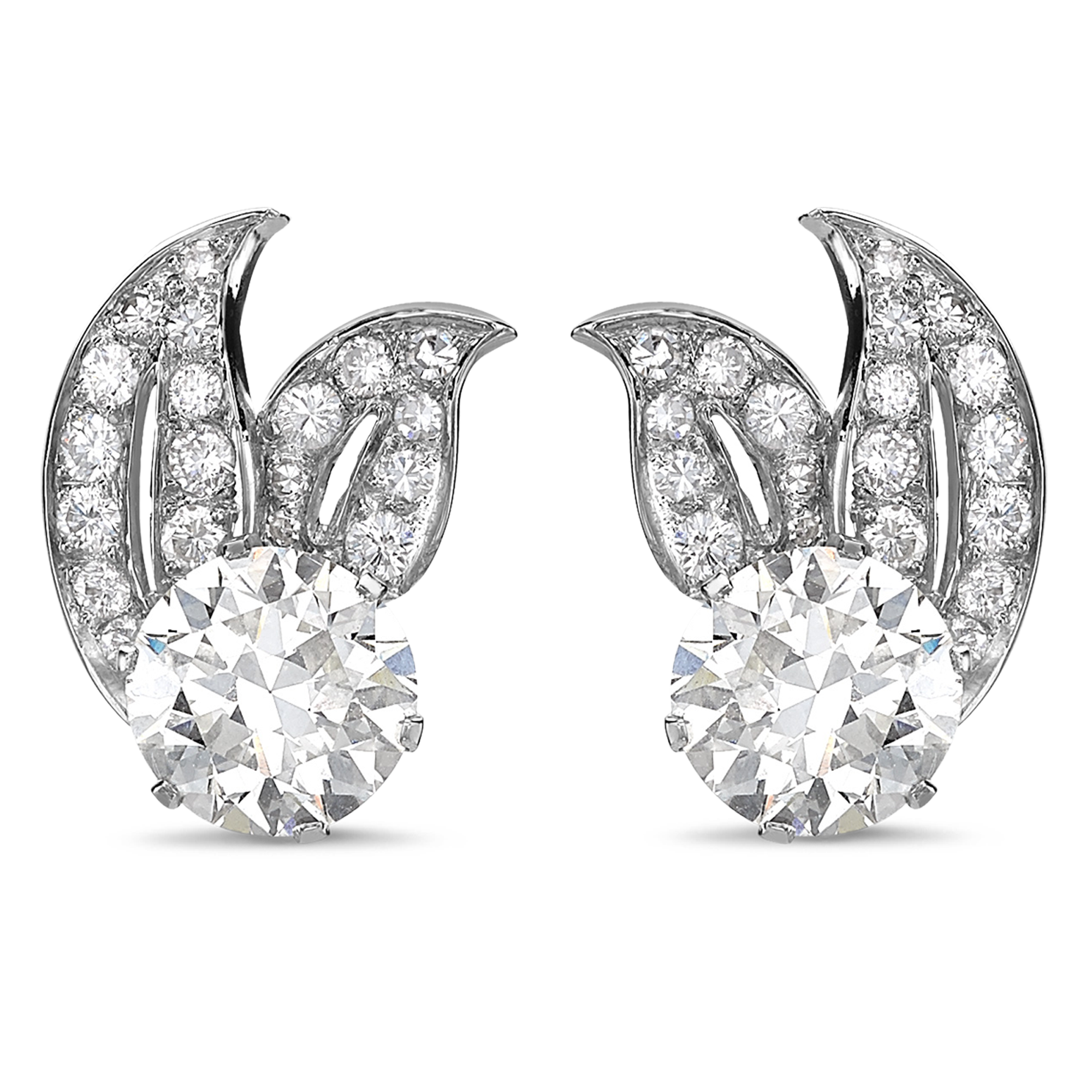 Art Deco Diamond Ear Studs Brilliant Cut Diamond Leaf Motif Earrings_1