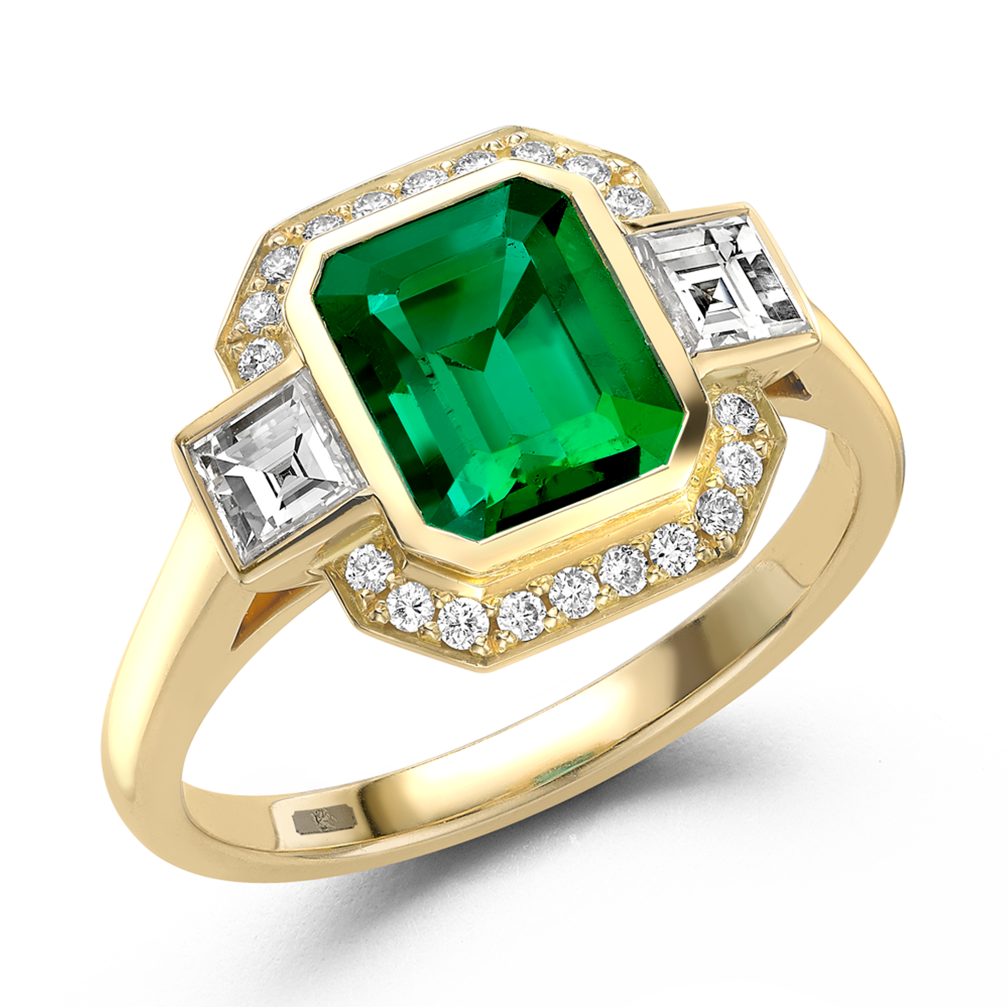 ColombianTrap Cut Emerald Ring Cluster Ring with Carre Cut Shoulders_1